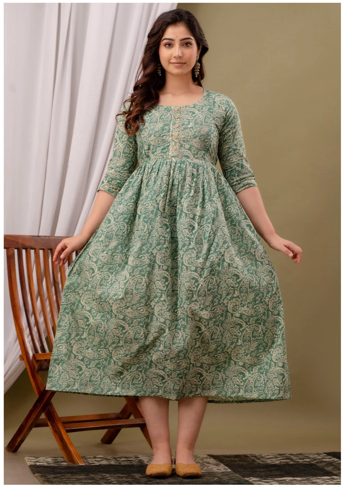 Elegant Sage Green Paisley Maternity & Feeding Gown – Premium Nursing Wear.
