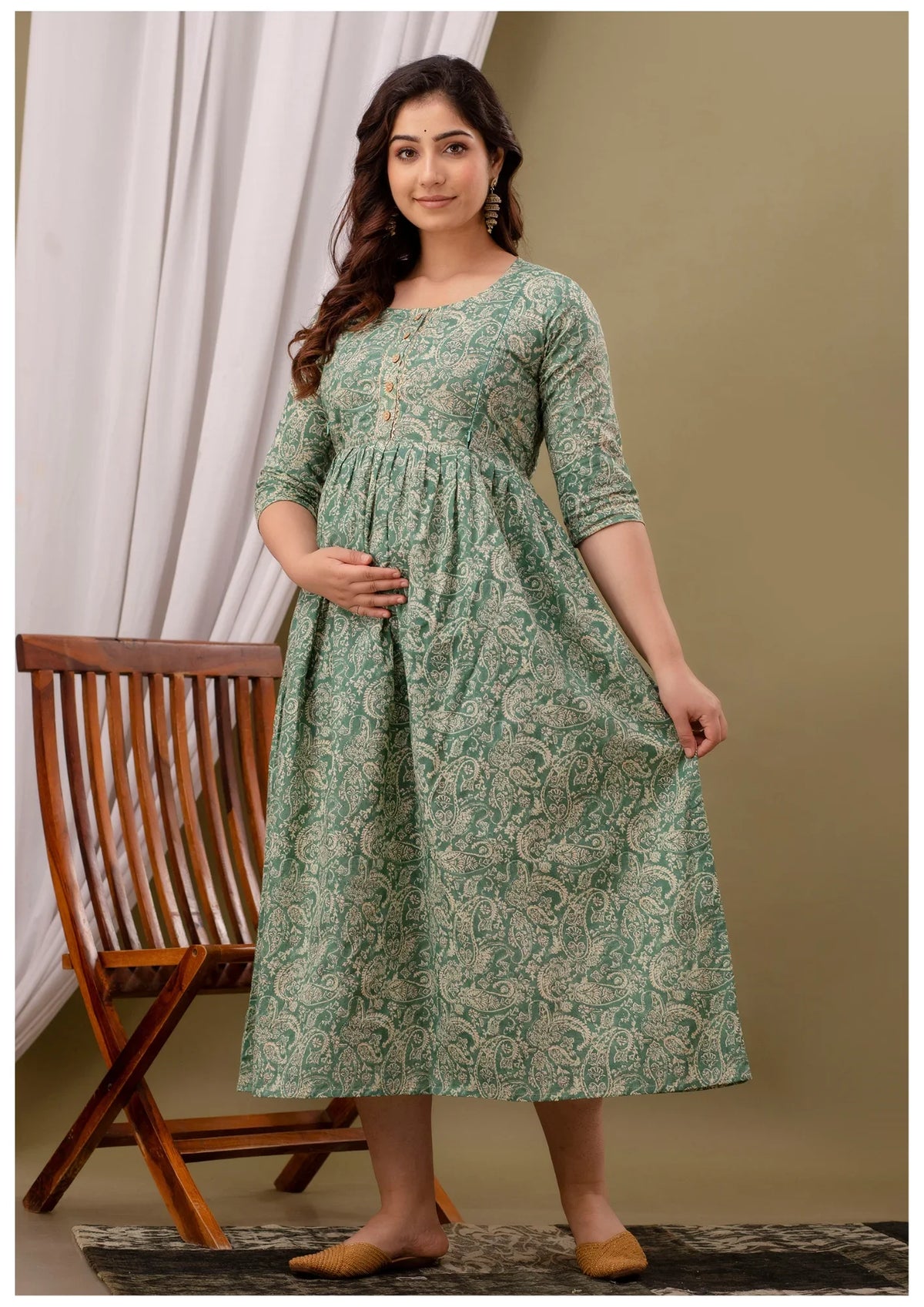 Elegant Sage Green Paisley Maternity & Feeding Gown – Premium Nursing Wear.