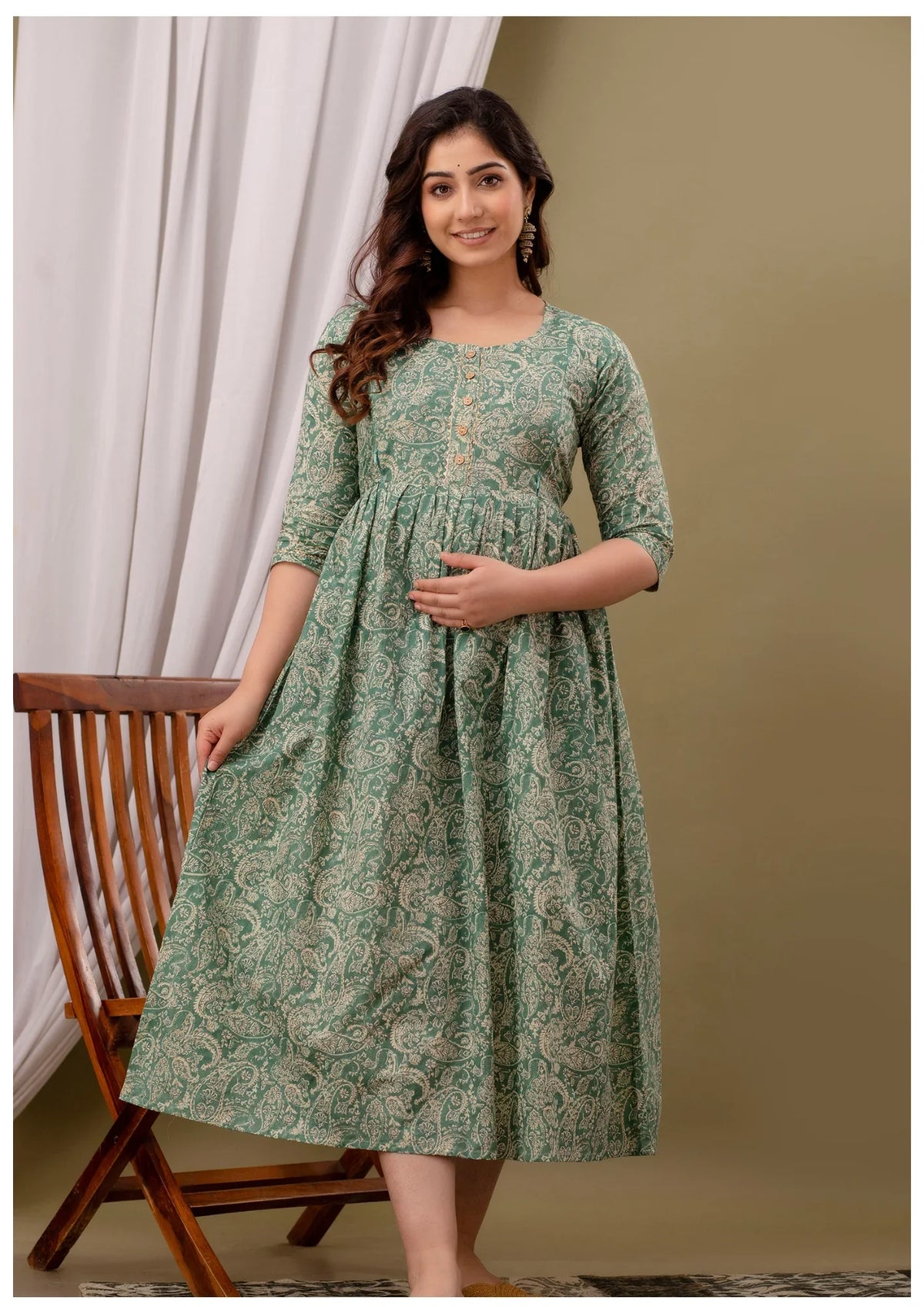 Elegant Sage Green Paisley Maternity & Feeding Gown – Premium Nursing Wear.