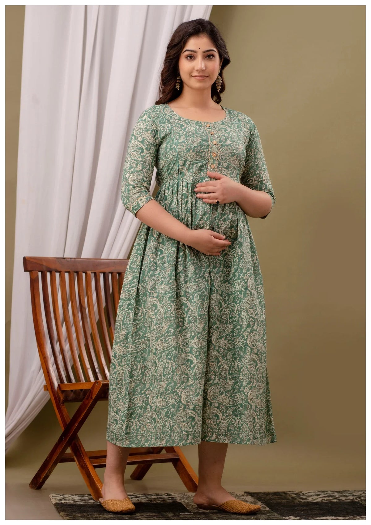 Elegant Sage Green Paisley Maternity & Feeding Gown – Premium Nursing Wear.