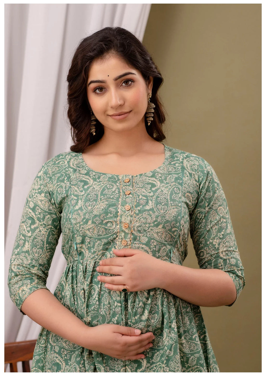 Elegant Sage Green Paisley Maternity & Feeding Gown – Premium Nursing Wear.