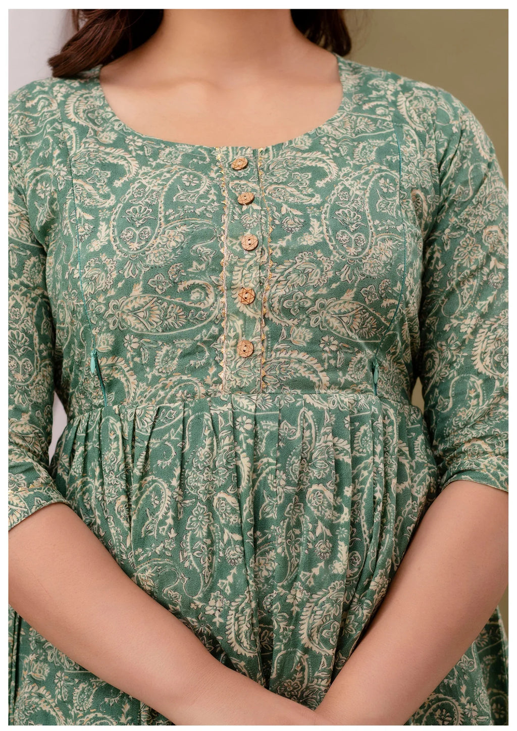 Elegant Sage Green Paisley Maternity & Feeding Gown – Premium Nursing Wear.