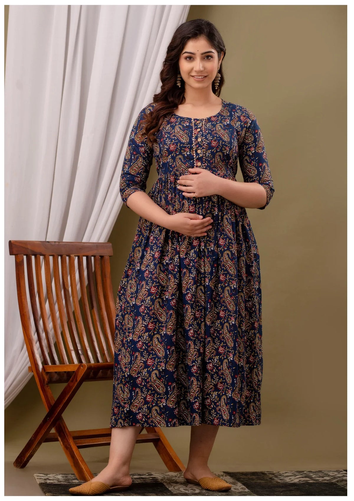Luxury Navy Paisley Maternity & Feeding Gown – Elegant Nursing Wear