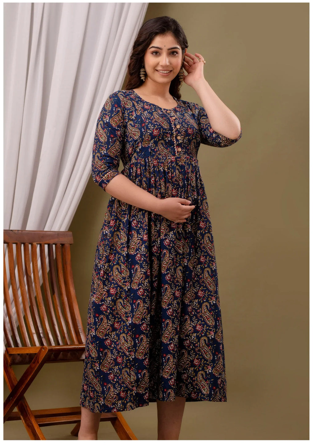 Luxury Navy Paisley Maternity & Feeding Gown – Elegant Nursing Wear