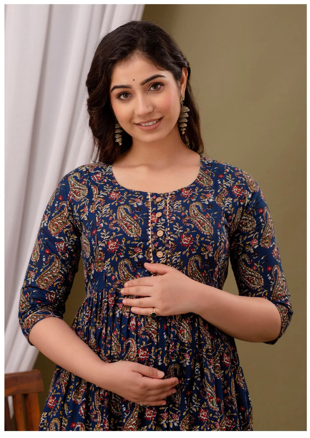 Luxury Navy Paisley Maternity & Feeding Gown – Elegant Nursing Wear