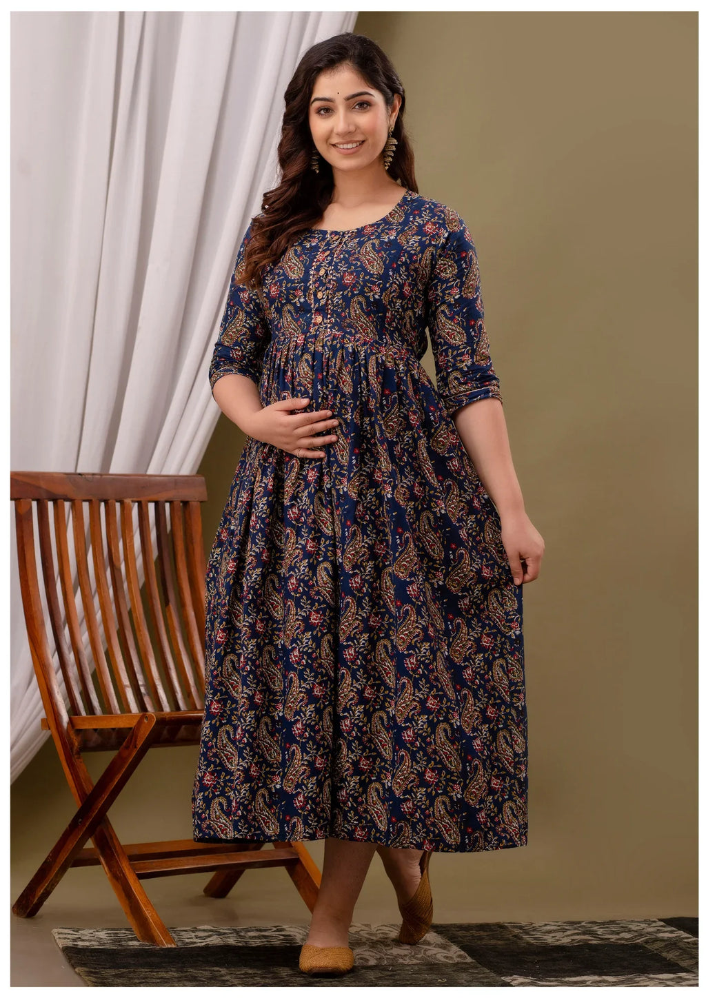 Luxury Navy Paisley Maternity & Feeding Gown – Elegant Nursing Wear