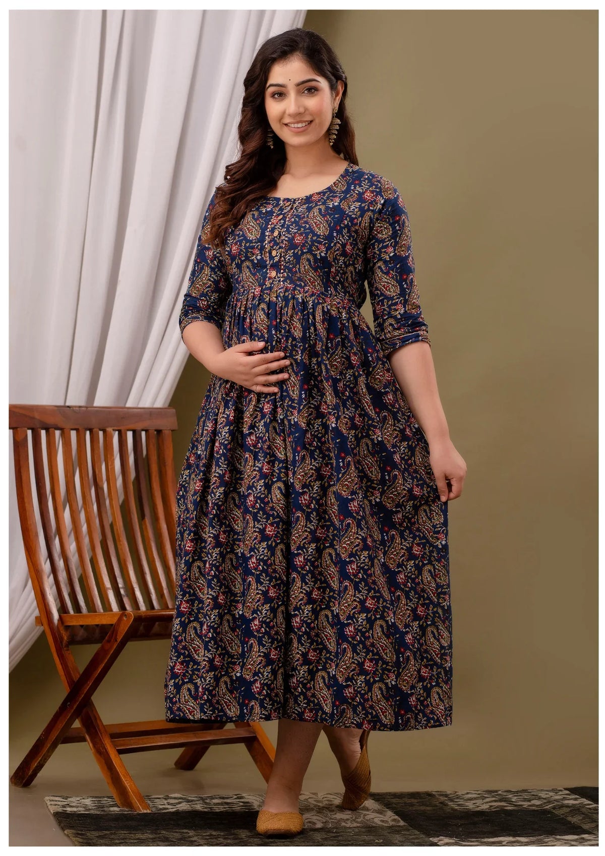 Luxury Navy Paisley Maternity & Feeding Gown – Elegant Nursing Wear