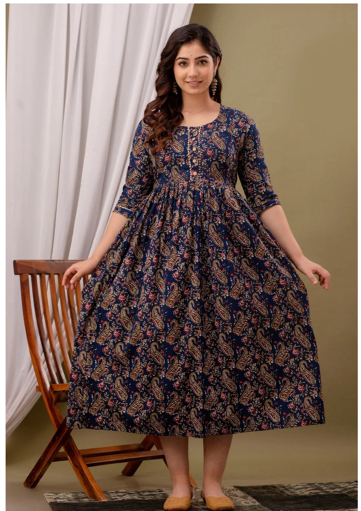 Luxury Navy Paisley Maternity & Feeding Gown – Elegant Nursing Wear