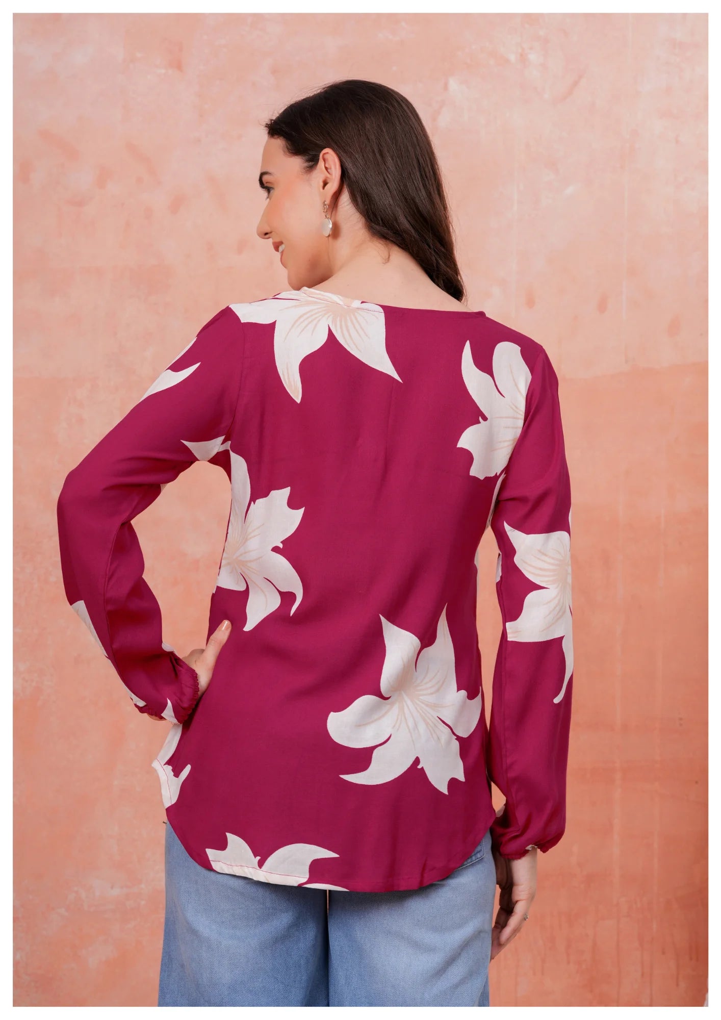 Luxury Wine Floral Printed Top – Elegant Everyday Chic