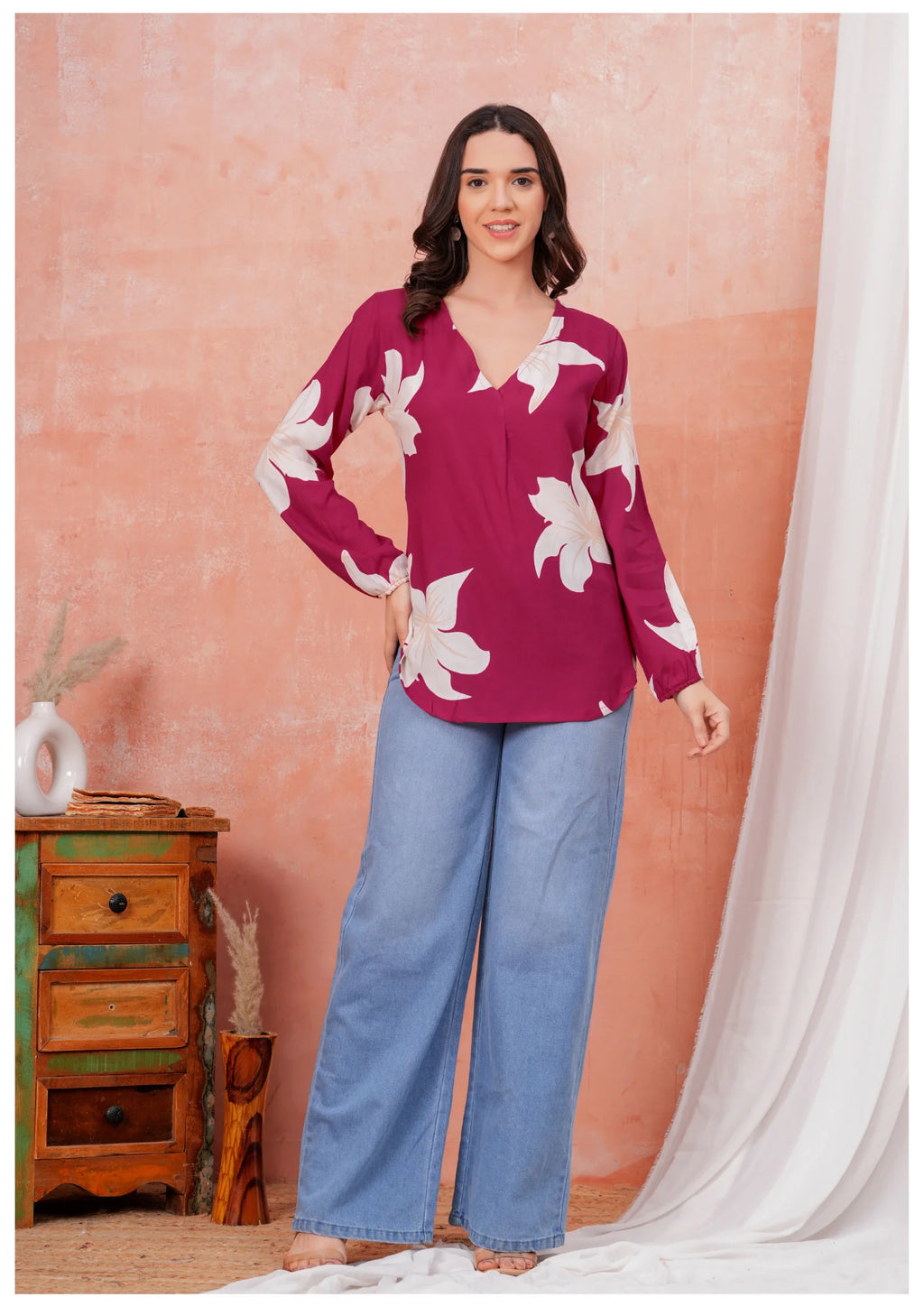 Luxury Wine Floral Printed Top – Elegant Everyday Chic