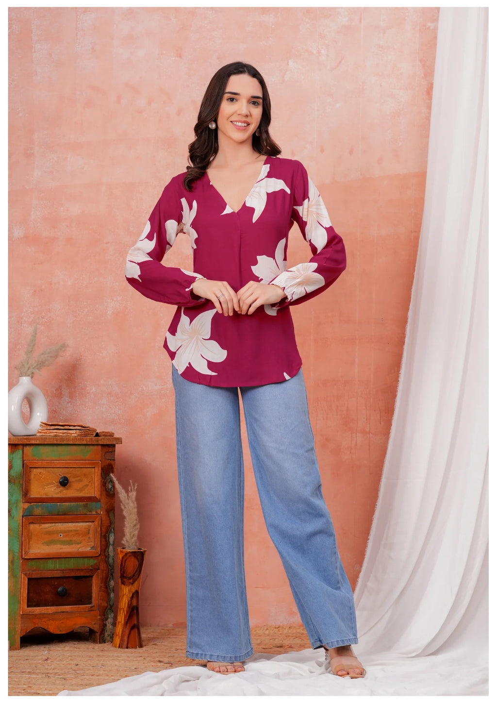 Luxury Wine Floral Printed Top – Elegant Everyday Chic