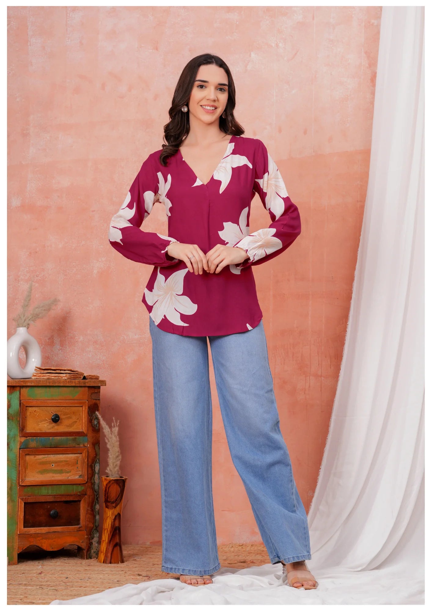 Luxury Wine Floral Printed Top – Elegant Everyday Chic