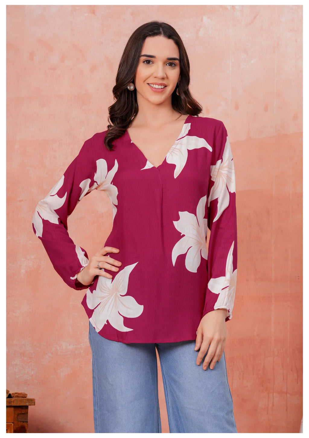 Luxury Wine Floral Printed Top – Elegant Everyday Chic