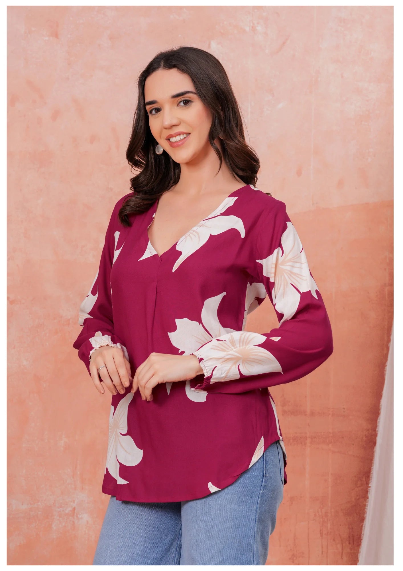 Luxury Wine Floral Printed Top – Elegant Everyday Chic