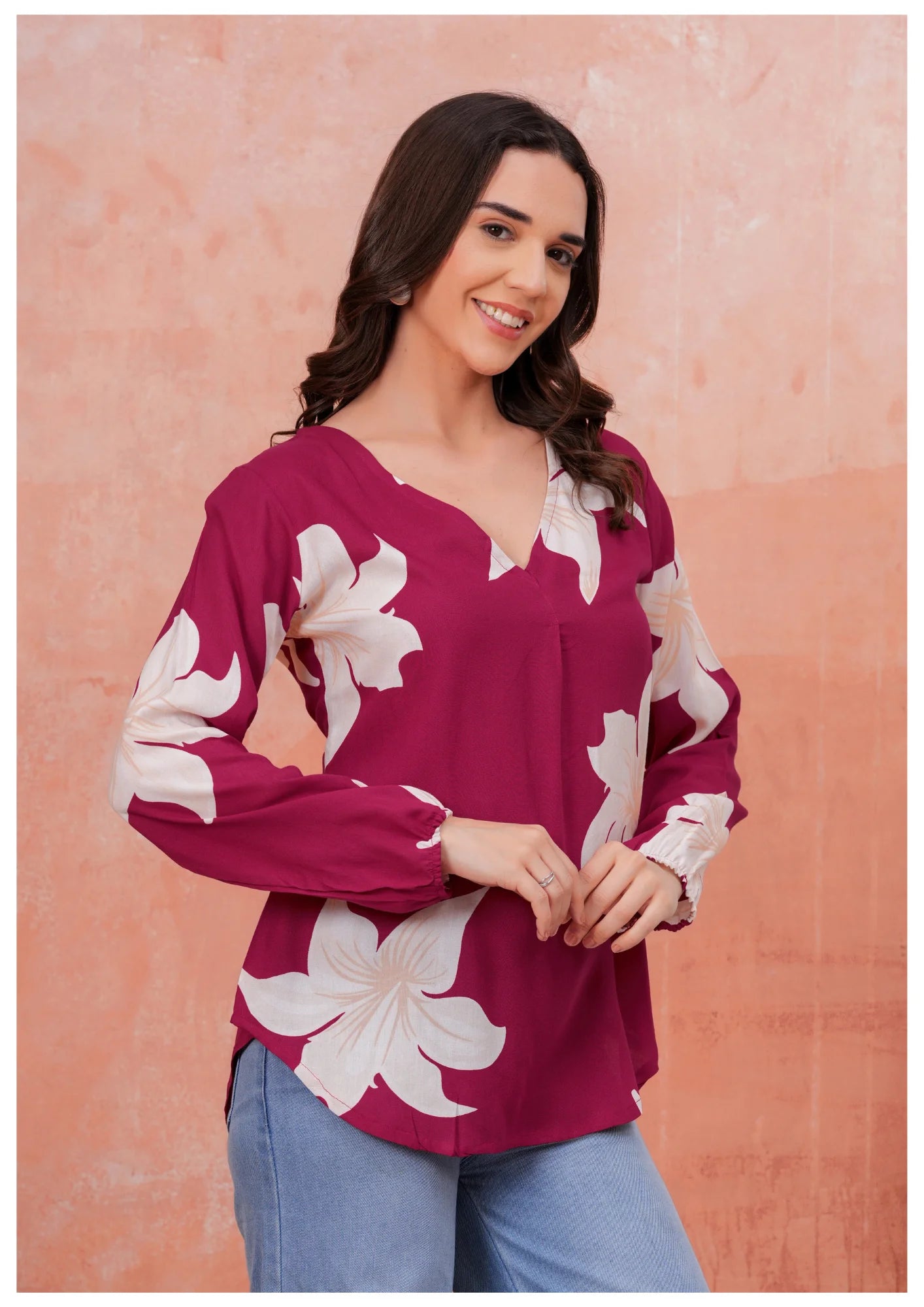 Luxury Wine Floral Printed Top – Elegant Everyday Chic