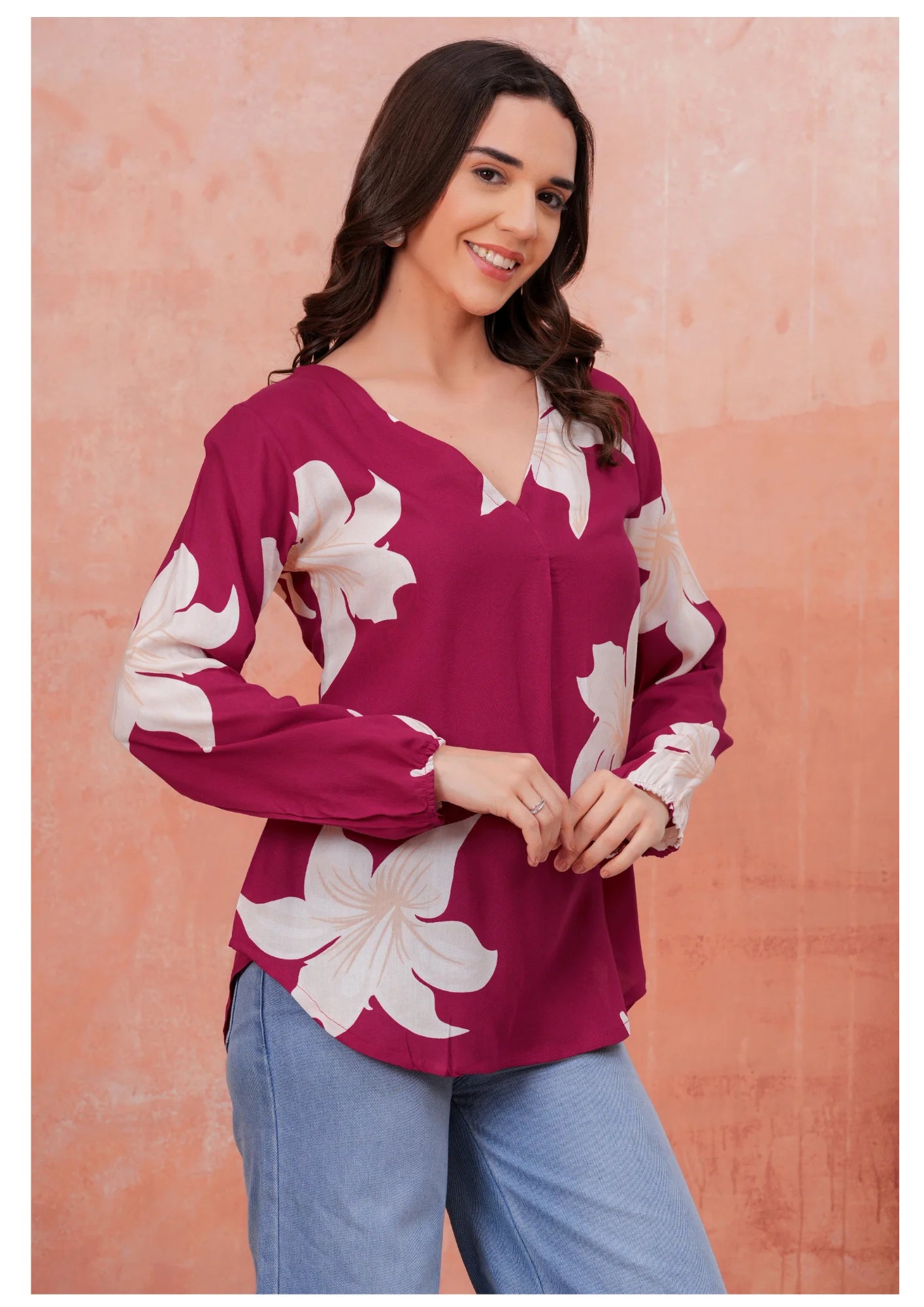 Luxury Wine Floral Printed Top – Elegant Everyday Chic