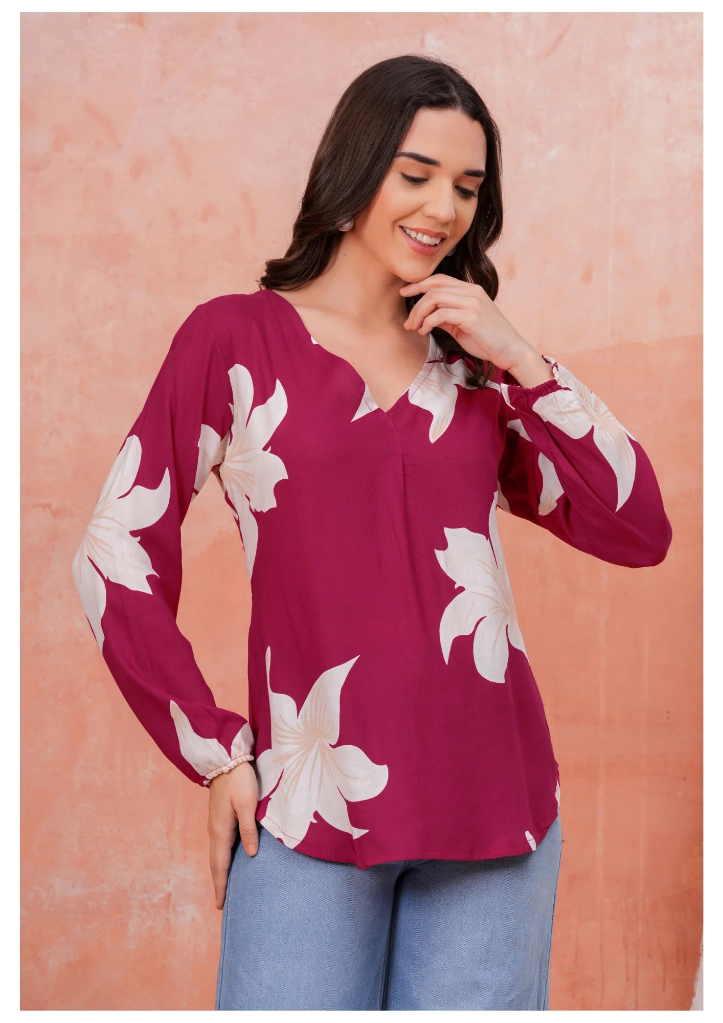 Luxury Wine Floral Printed Top – Elegant Everyday Chic