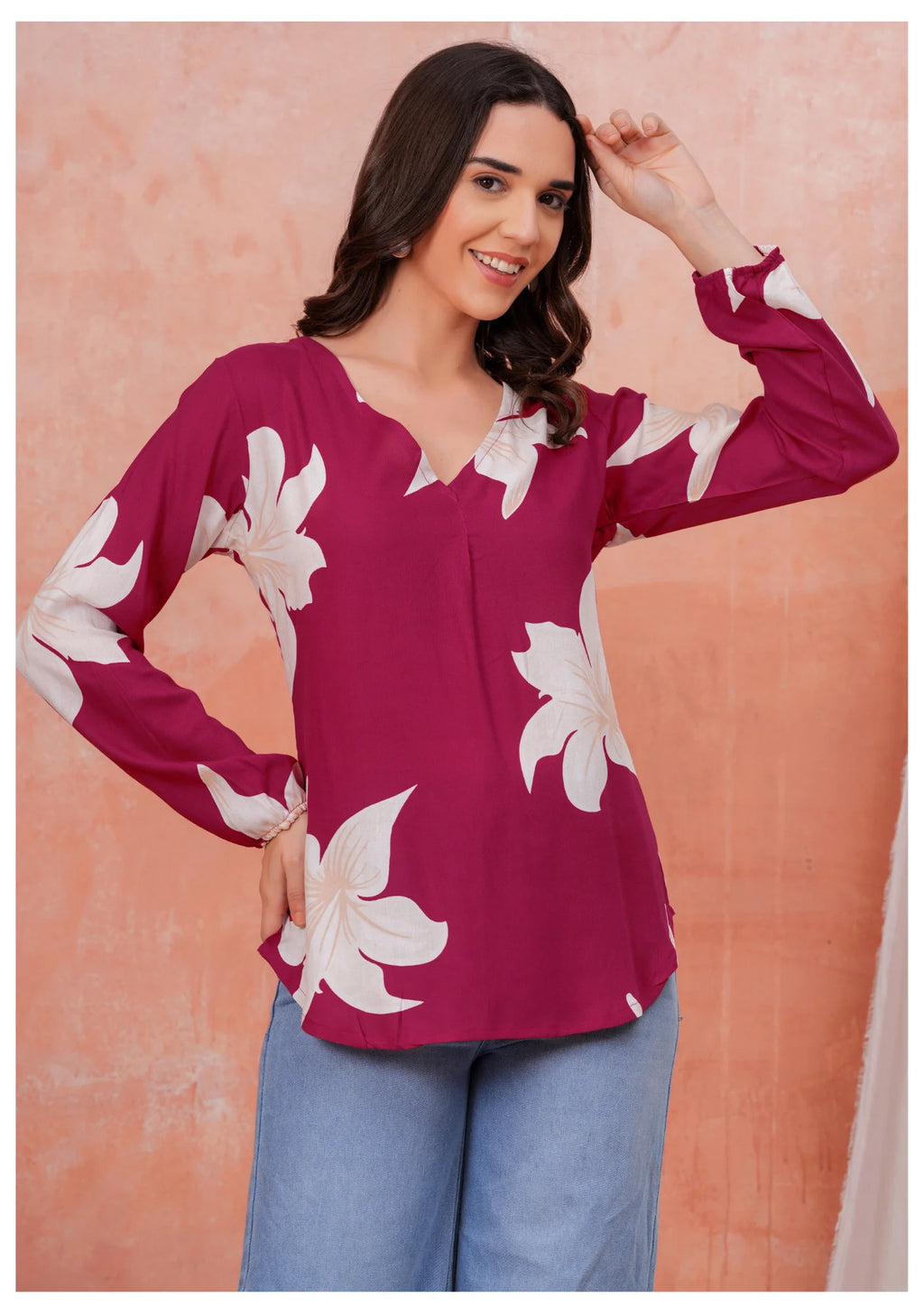 Luxury Wine Floral Printed Top – Elegant Everyday Chic