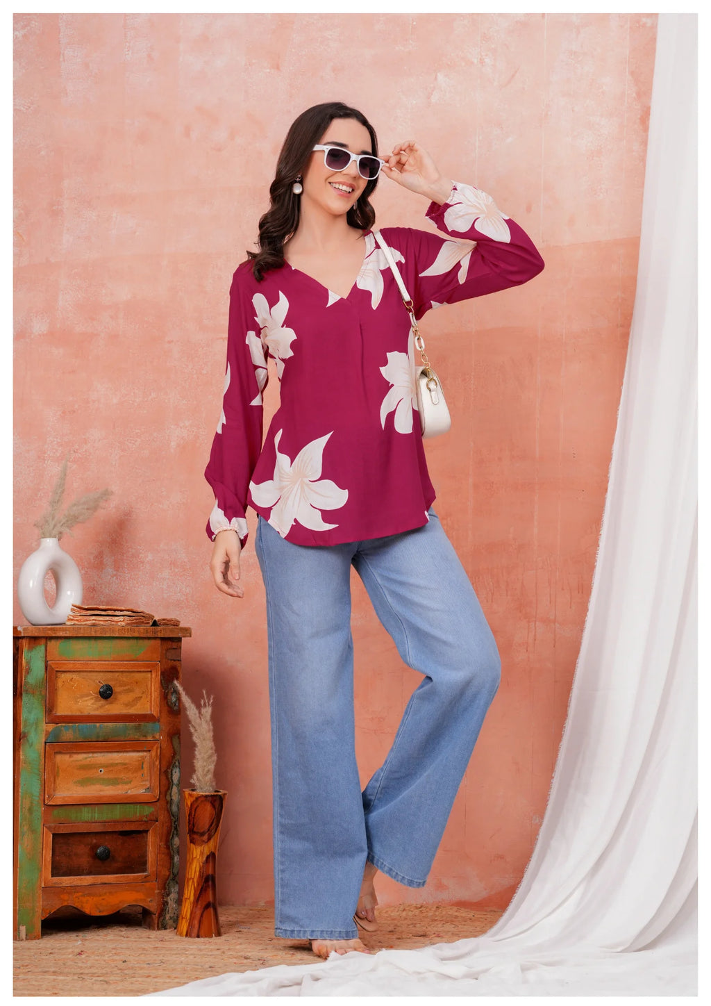 Luxury Wine Floral Printed Top – Elegant Everyday Chic