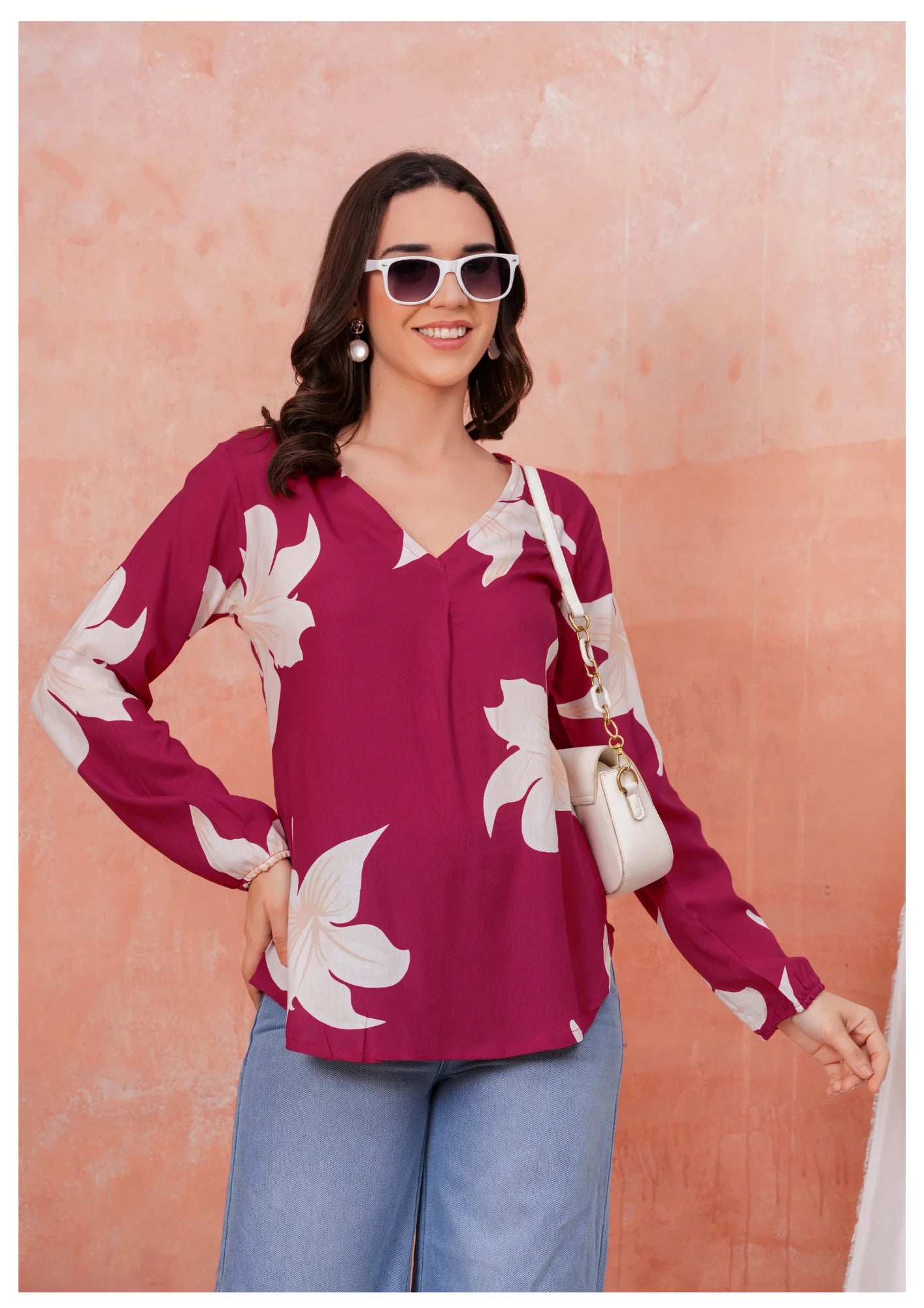 Luxury Wine Floral Printed Top – Elegant Everyday Chic