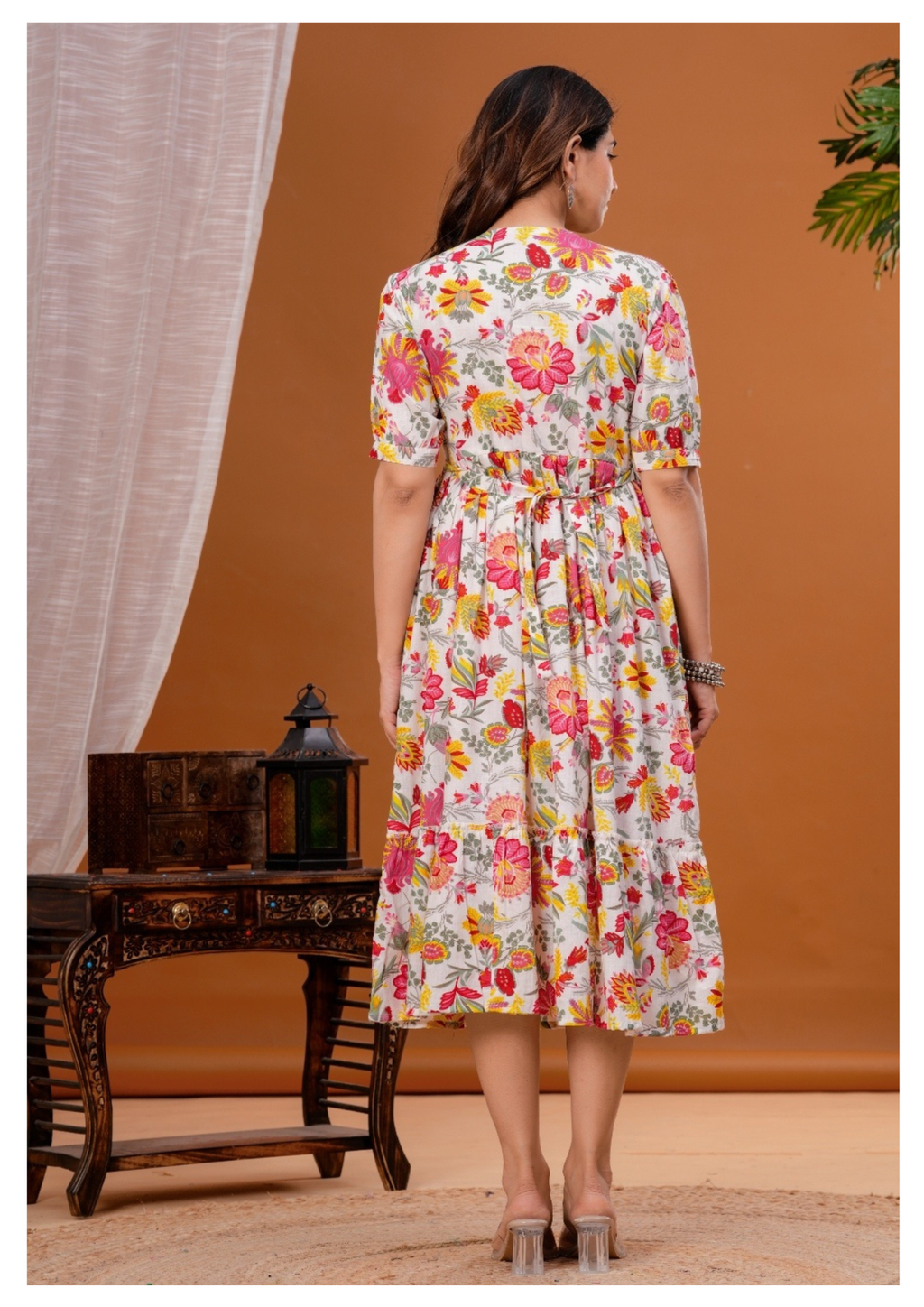 Cream Floral Print Maternity & Feeding Gown with Concealed Zip