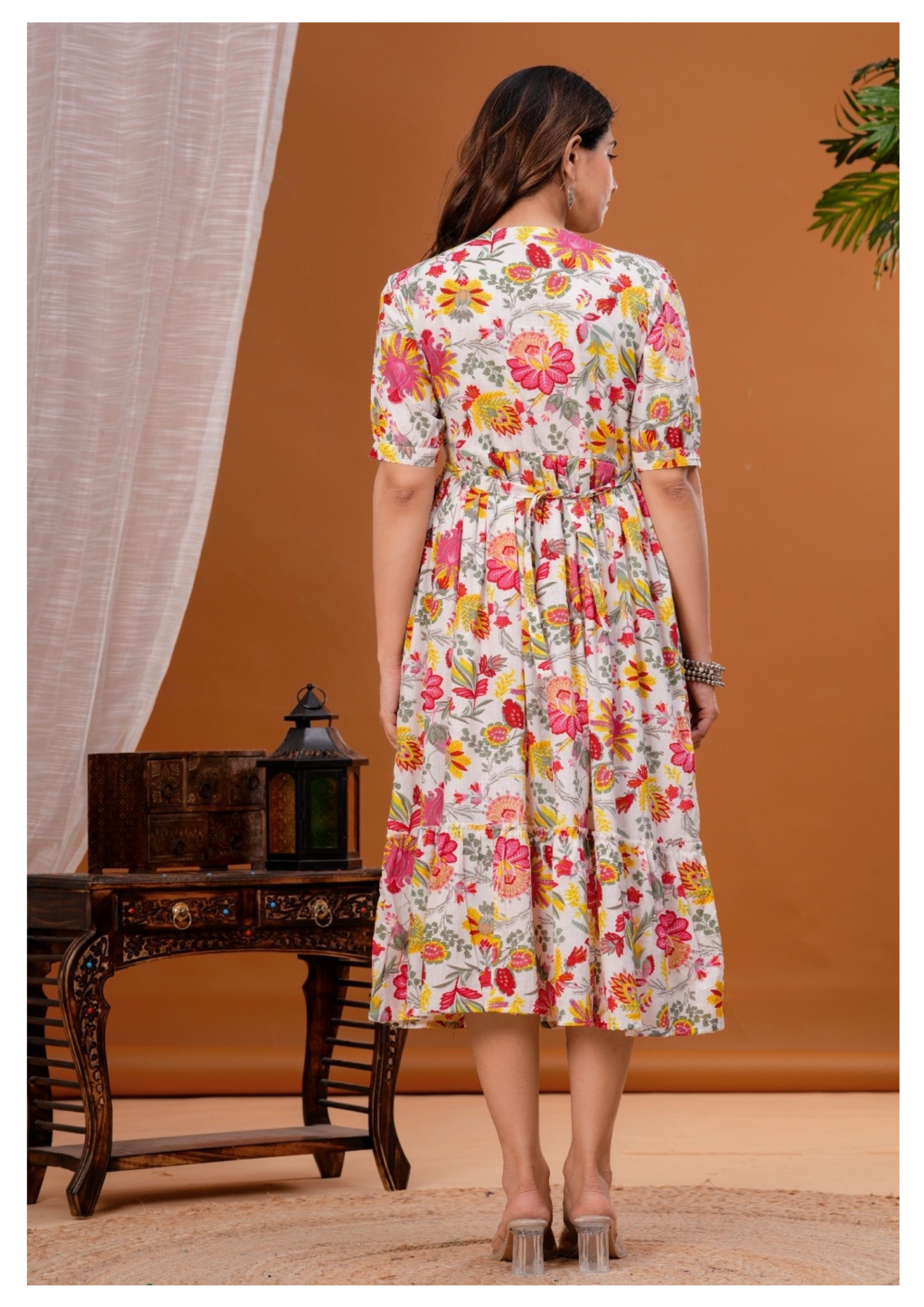 Cream Floral Print Maternity & Feeding Gown with Concealed Zip