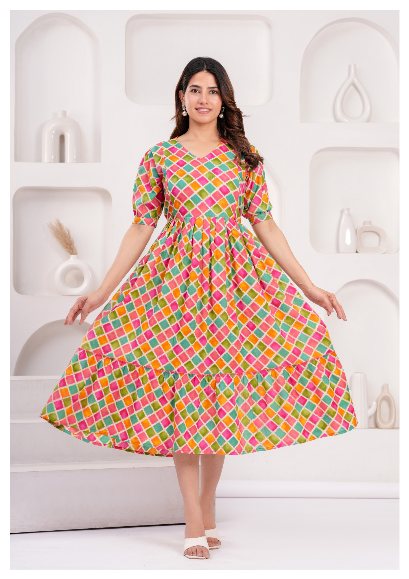 Multicolor Diamond Print Maternity & Feeding Gown with Concealed Zip.