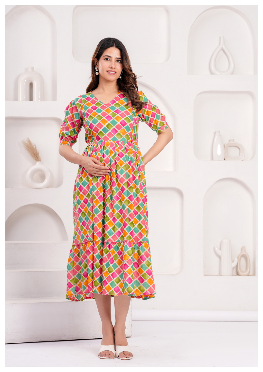 Multicolor Diamond Print Maternity & Feeding Gown with Concealed Zip.