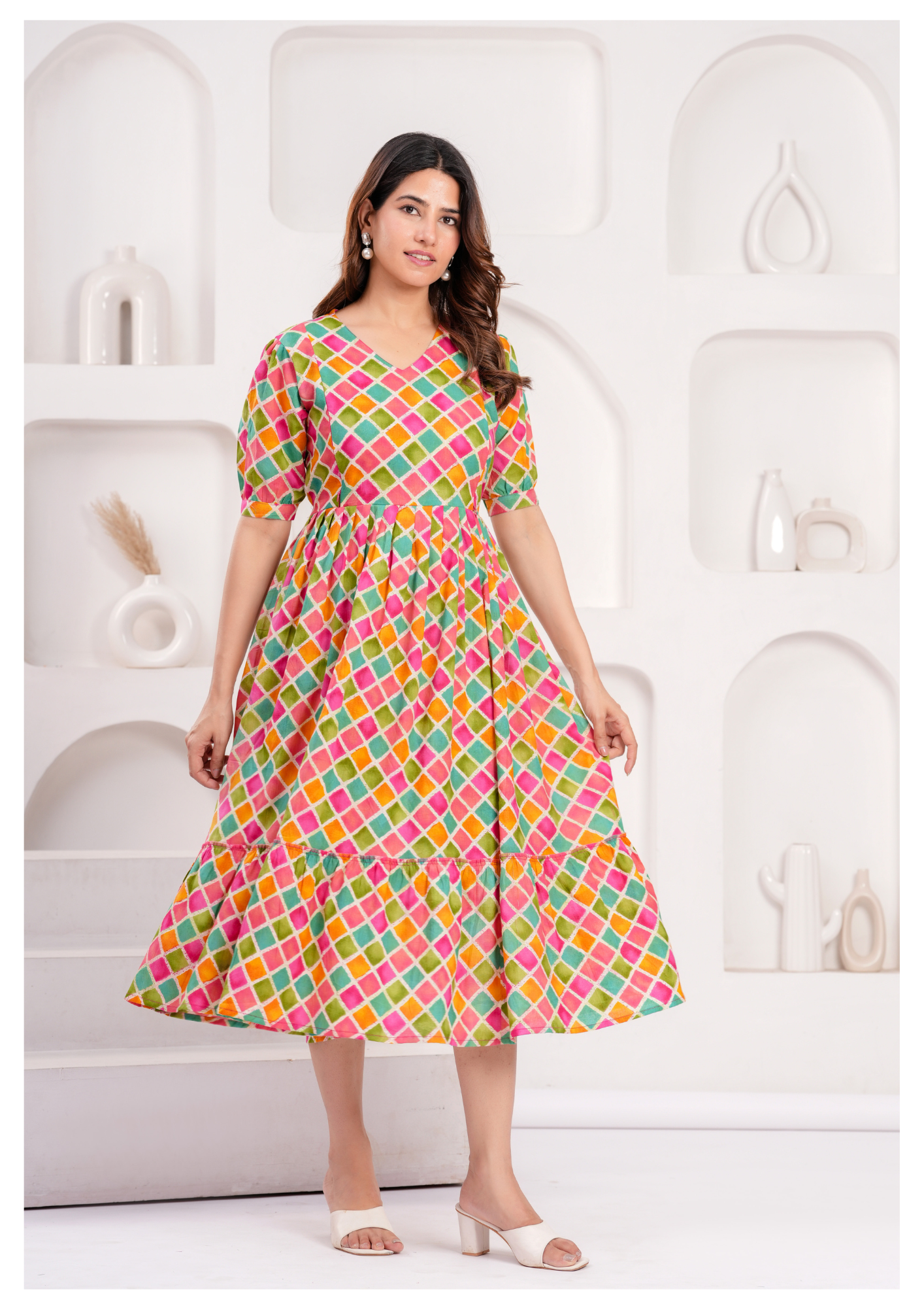 Multicolor Diamond Print Maternity & Feeding Gown with Concealed Zip.