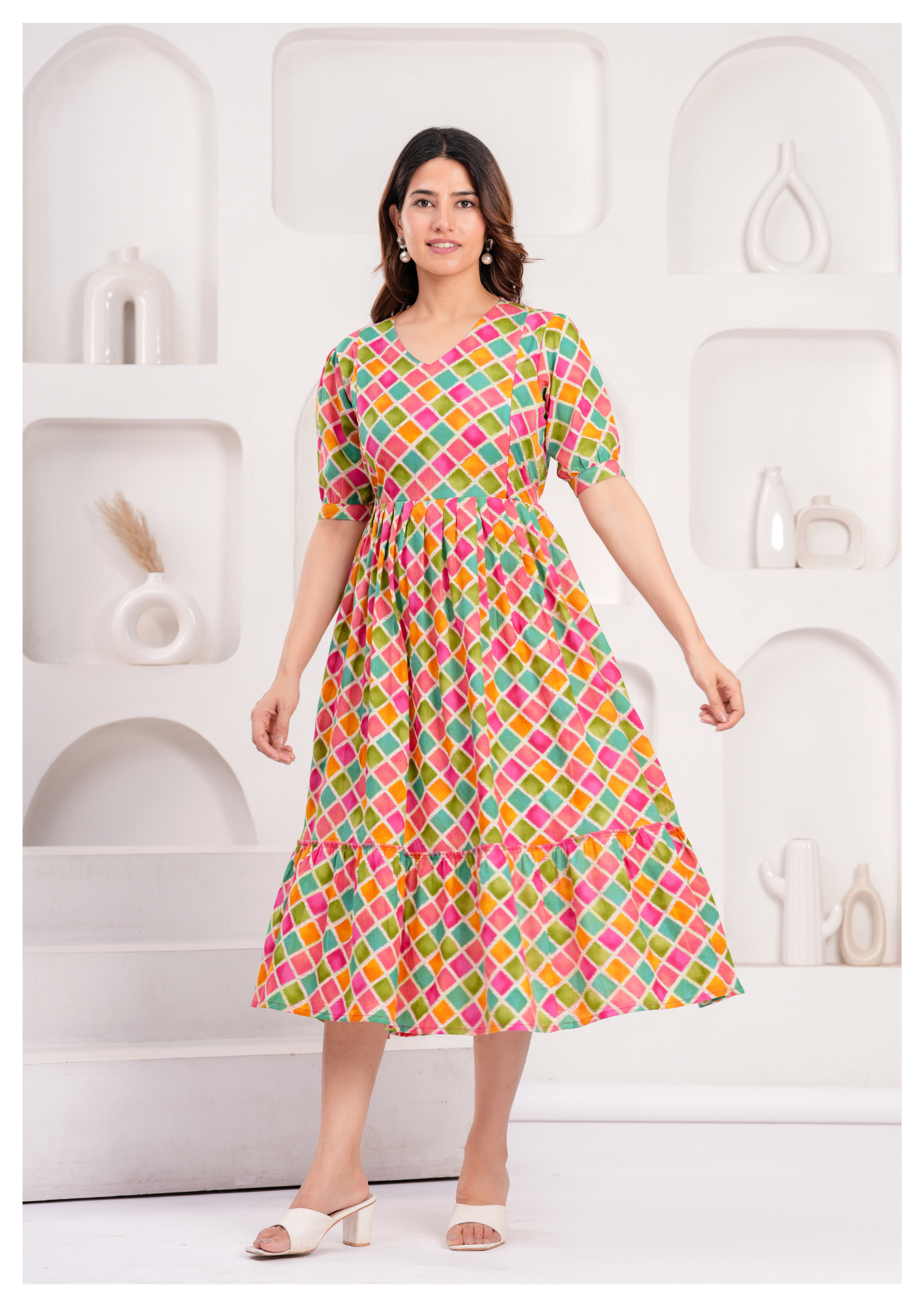 Multicolor Diamond Print Maternity & Feeding Gown with Concealed Zip.