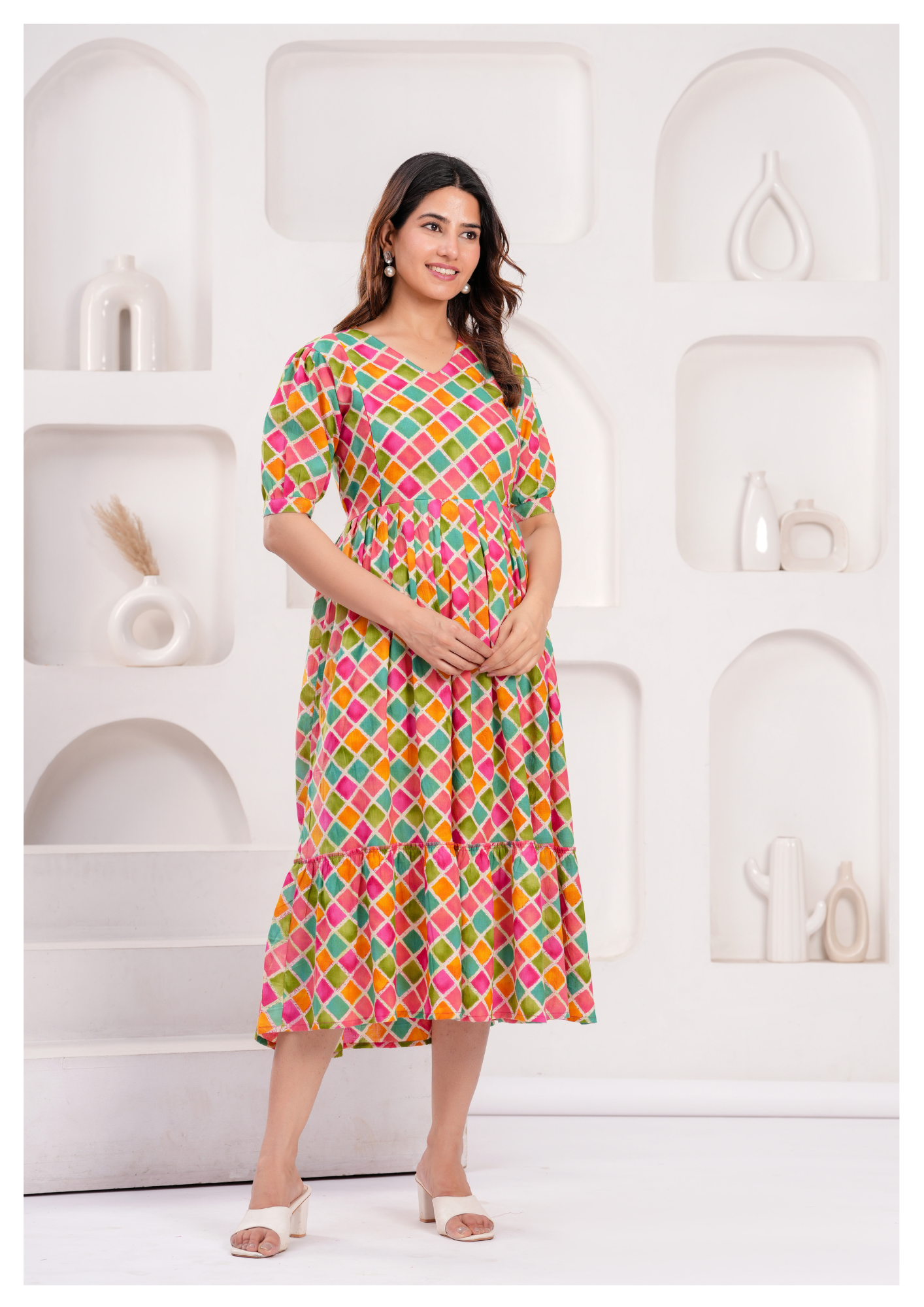 Multicolor Diamond Print Maternity & Feeding Gown with Concealed Zip.