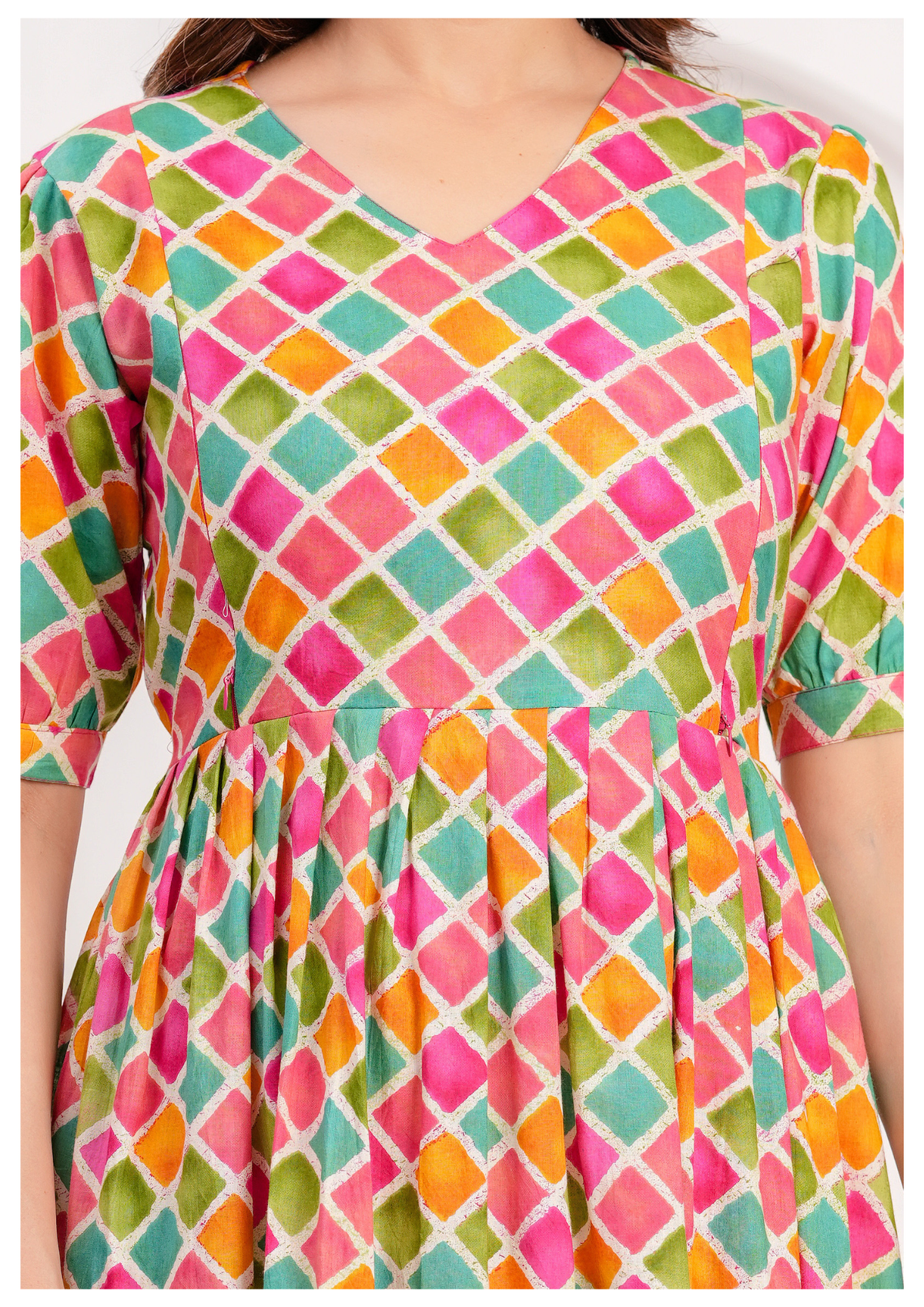 Multicolor Diamond Print Maternity & Feeding Gown with Concealed Zip.