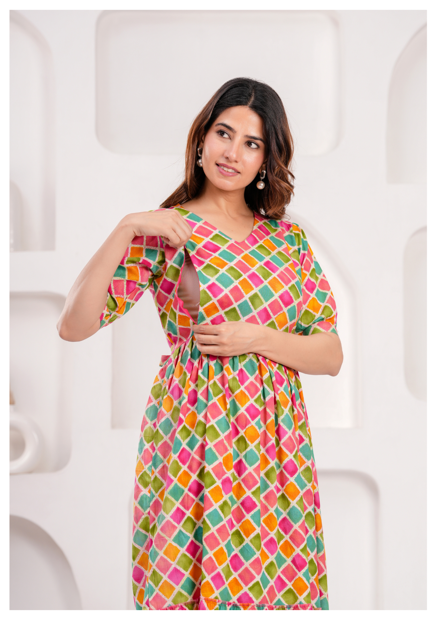 Multicolor Diamond Print Maternity & Feeding Gown with Concealed Zip.
