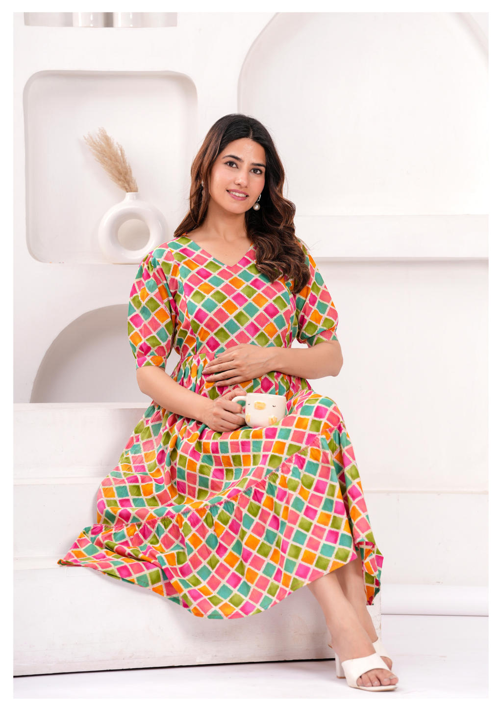Multicolor Diamond Print Maternity & Feeding Gown with Concealed Zip.