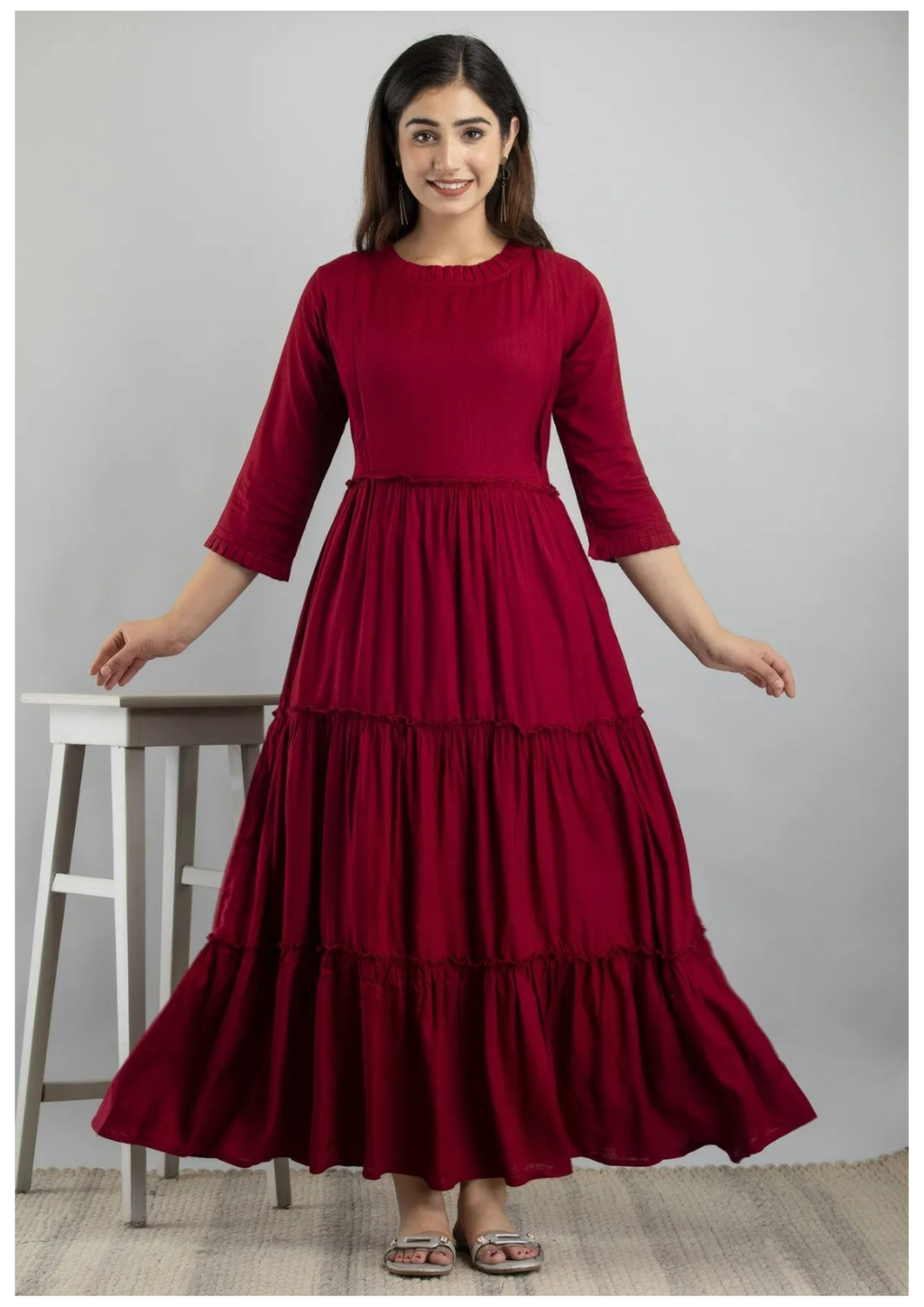Wine Red Tiered Maternity & Feeding Maxi Gown with Concealed Zip.