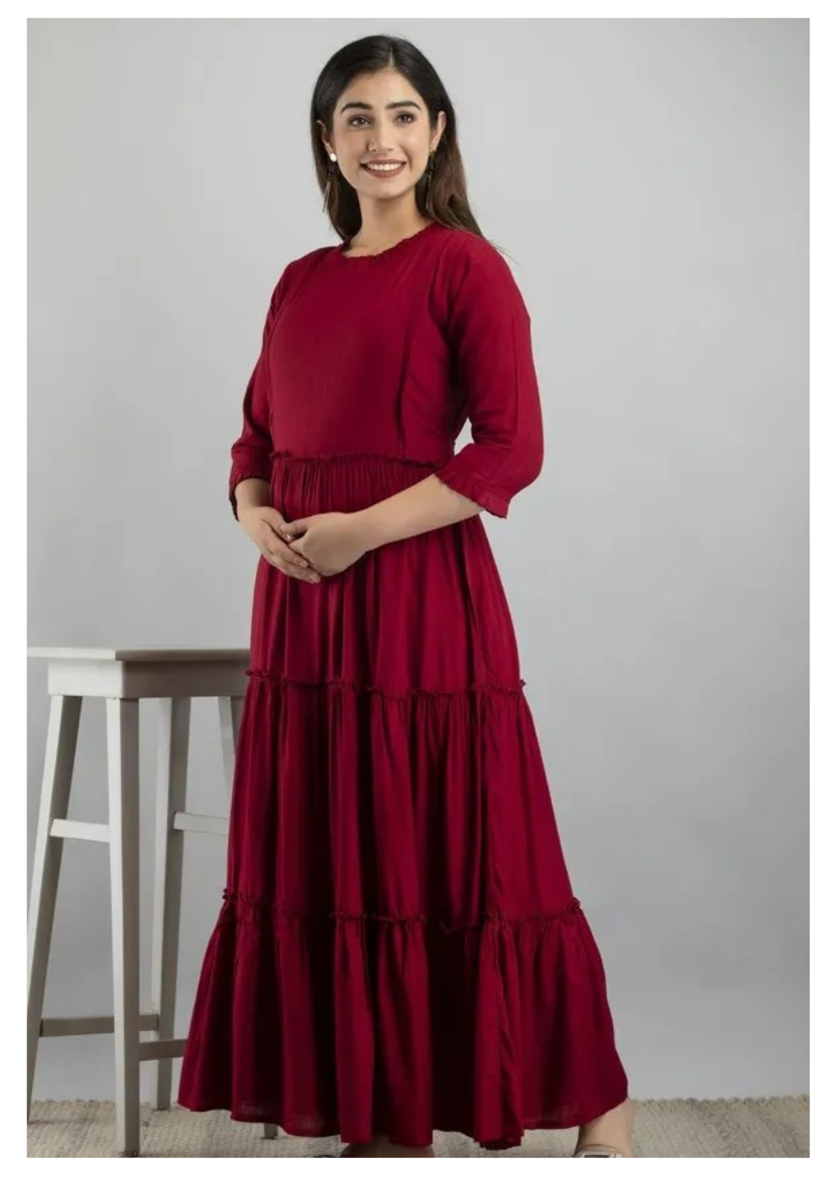 Wine Red Tiered Maternity & Feeding Maxi Gown with Concealed Zip.