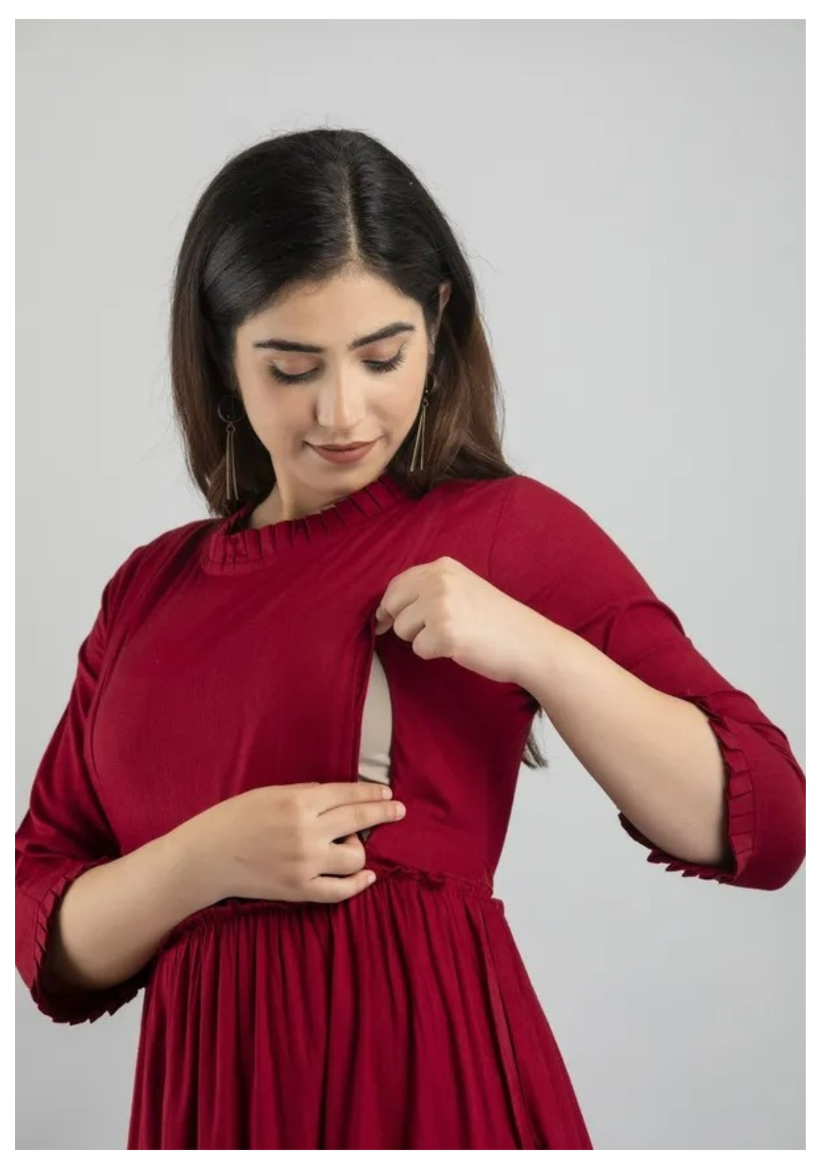 Wine Red Tiered Maternity & Feeding Maxi Gown with Concealed Zip.