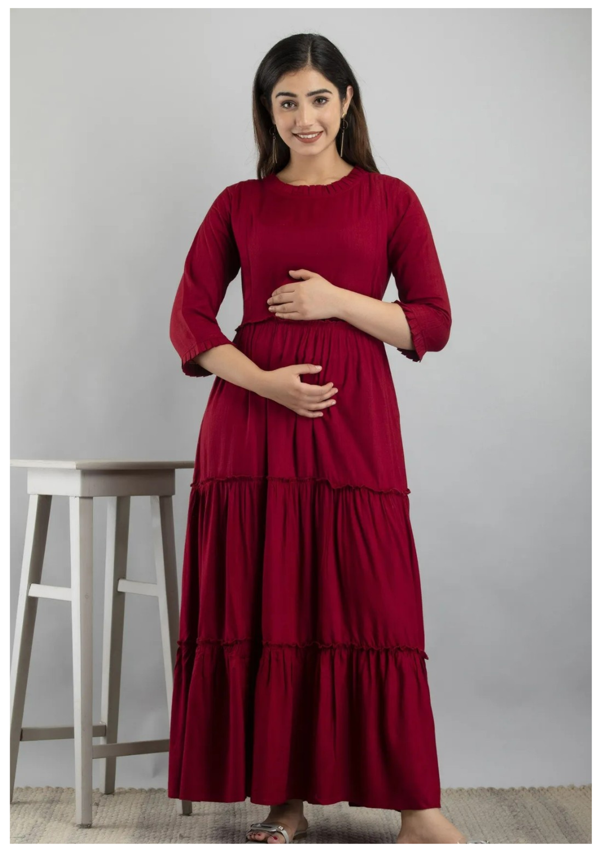 Wine Red Tiered Maternity & Feeding Maxi Gown with Concealed Zip.