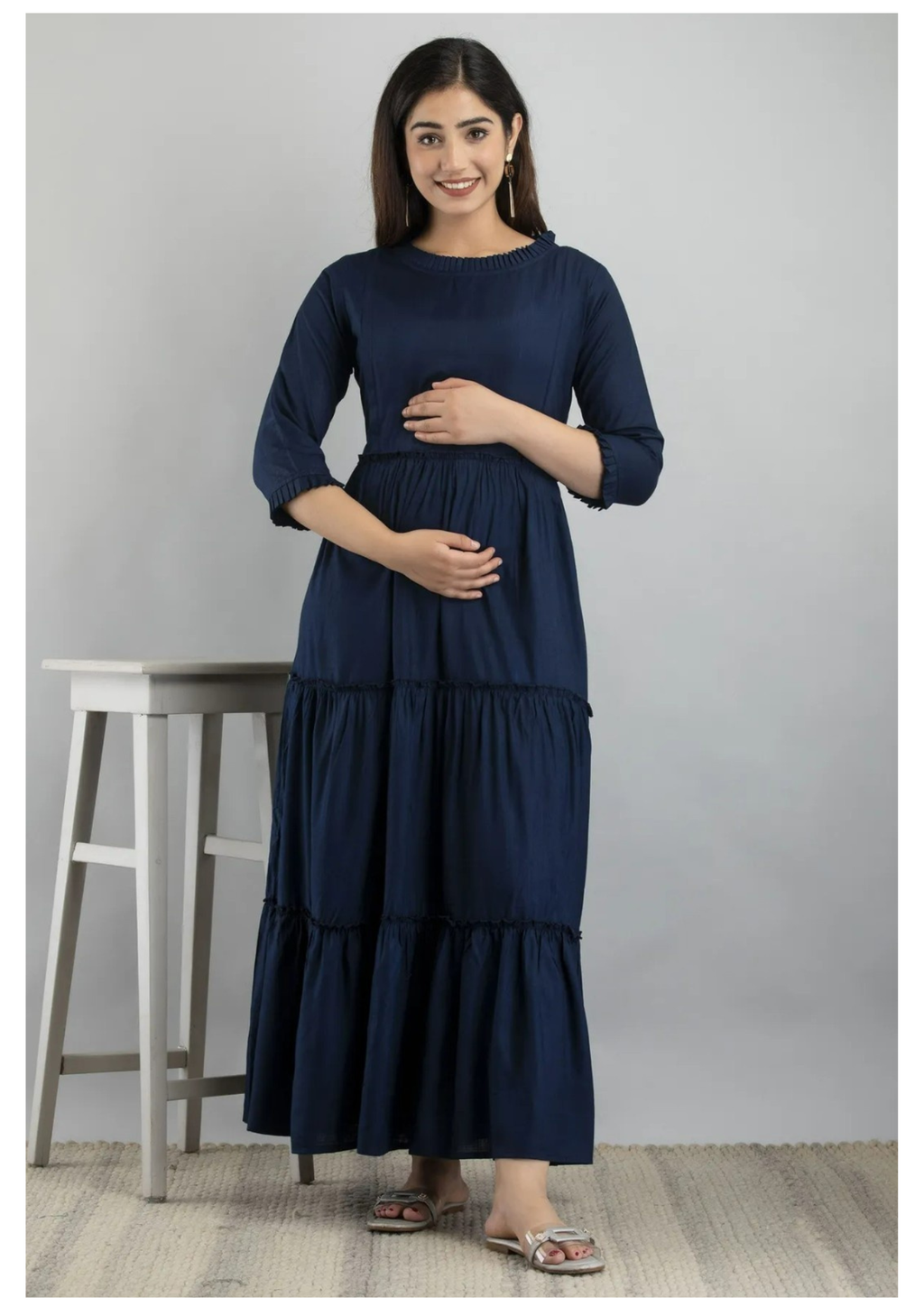 Navy Blue Solid Maternity & Feeding Gown with Concealed Zip