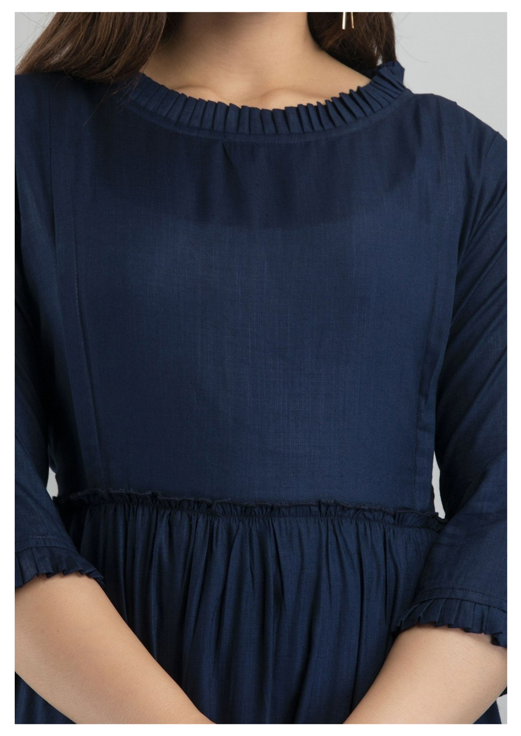 Navy Blue Solid Maternity & Feeding Gown with Concealed Zip