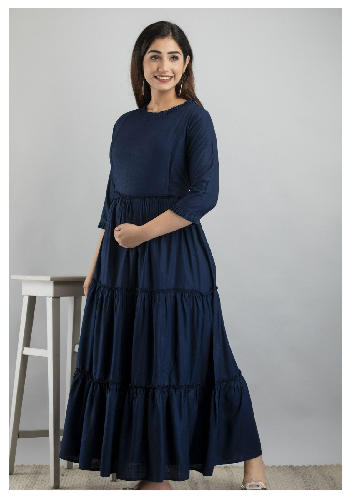Navy Blue Solid Maternity & Feeding Gown with Concealed Zip