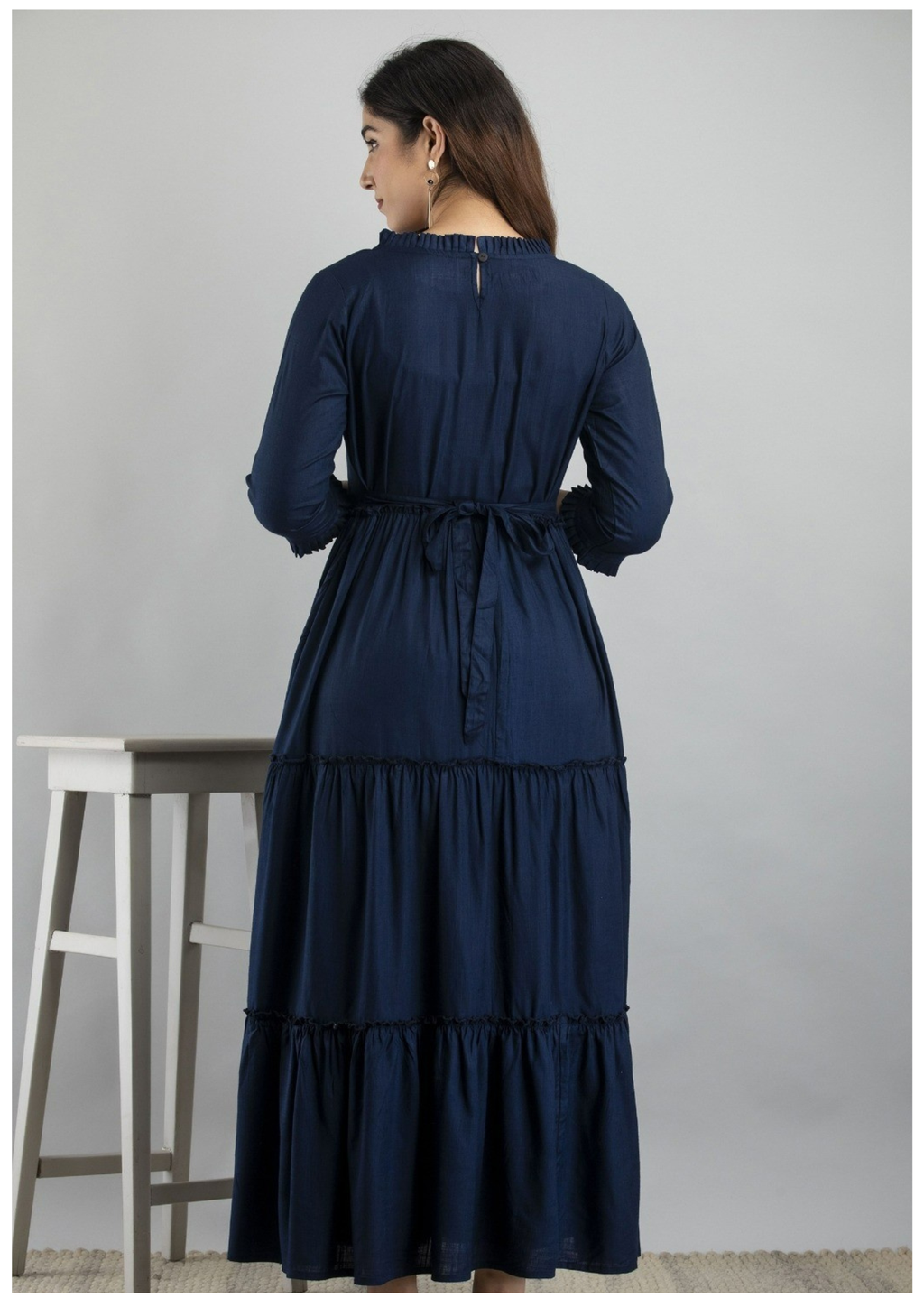 Navy Blue Solid Maternity & Feeding Gown with Concealed Zip