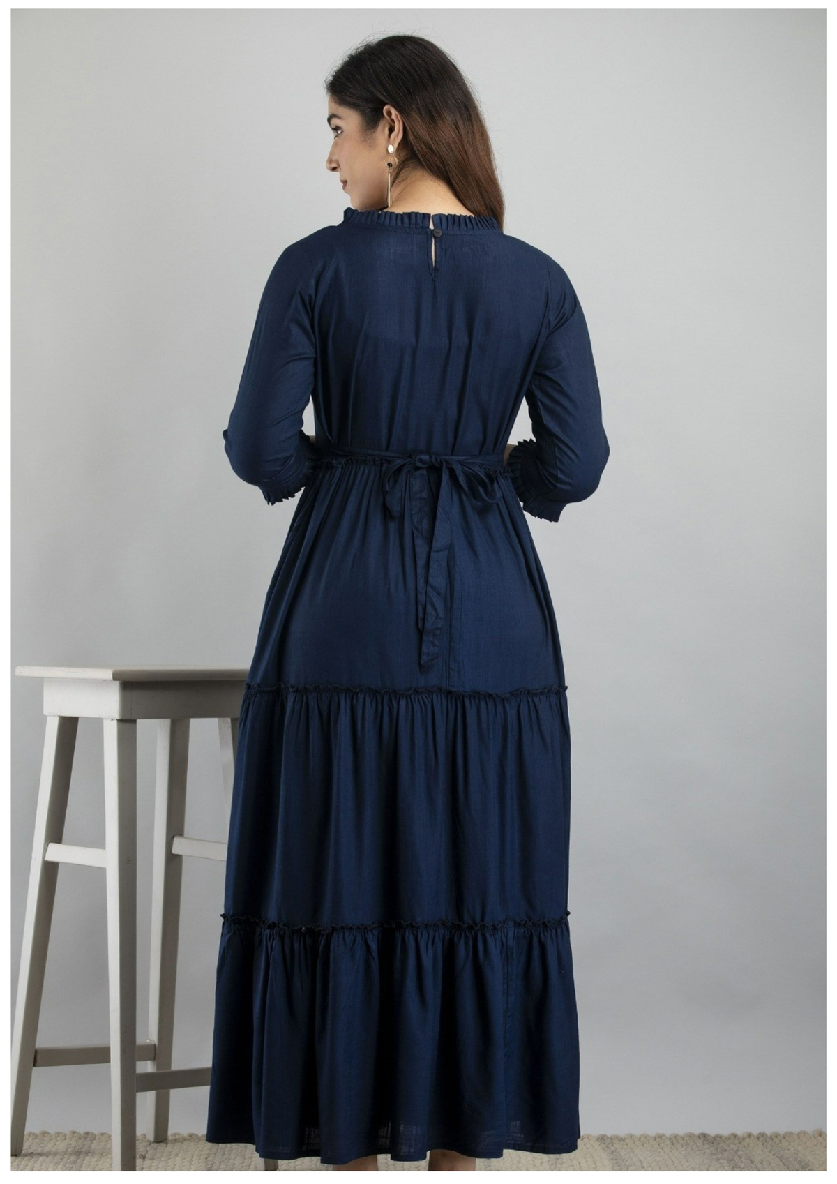 Navy Blue Solid Maternity & Feeding Gown with Concealed Zip