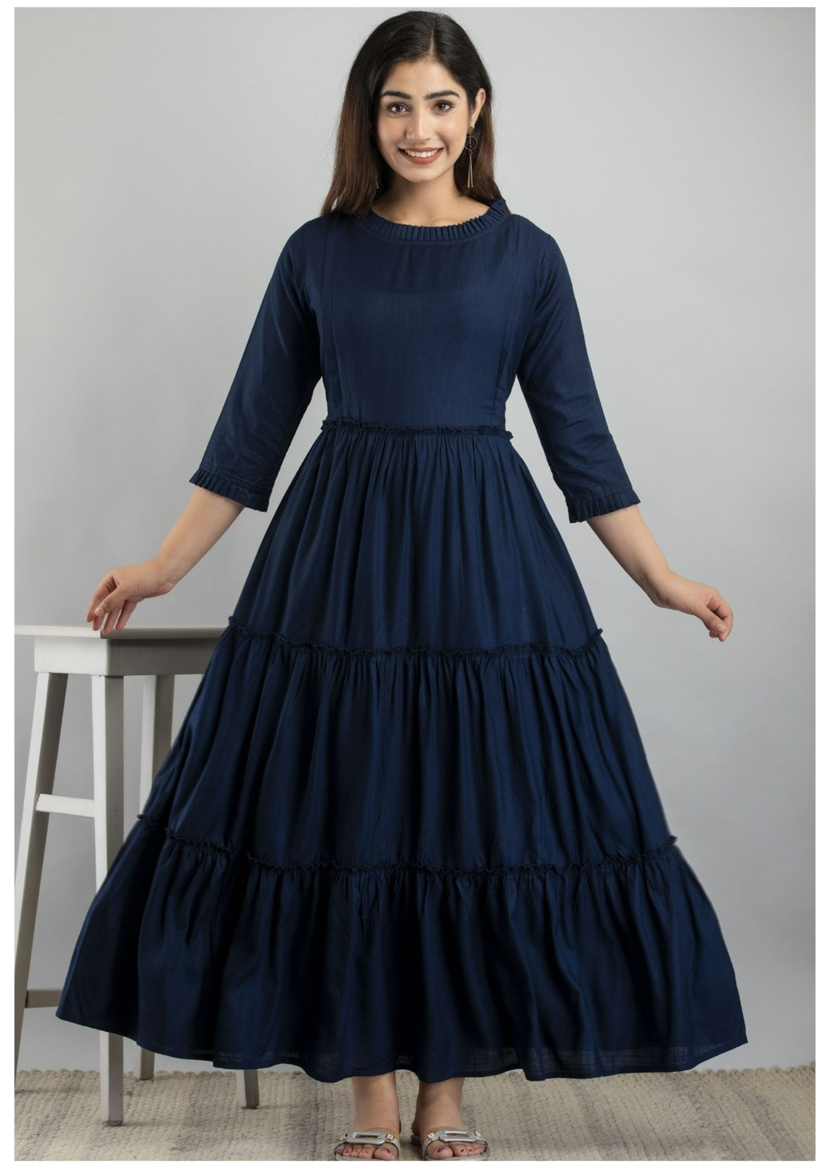 Navy Blue Solid Maternity & Feeding Gown with Concealed Zip