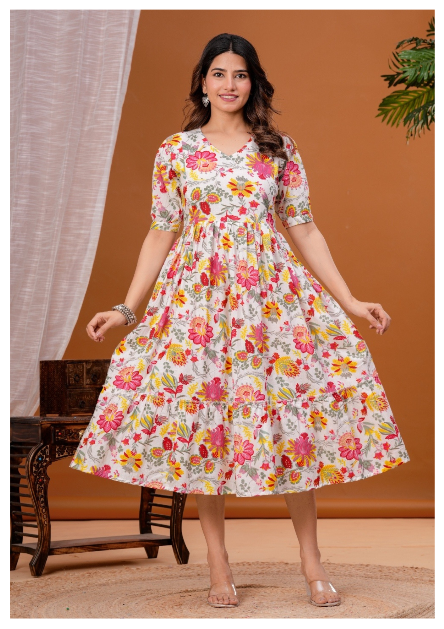 Cream Floral Print Maternity & Feeding Gown with Concealed Zip