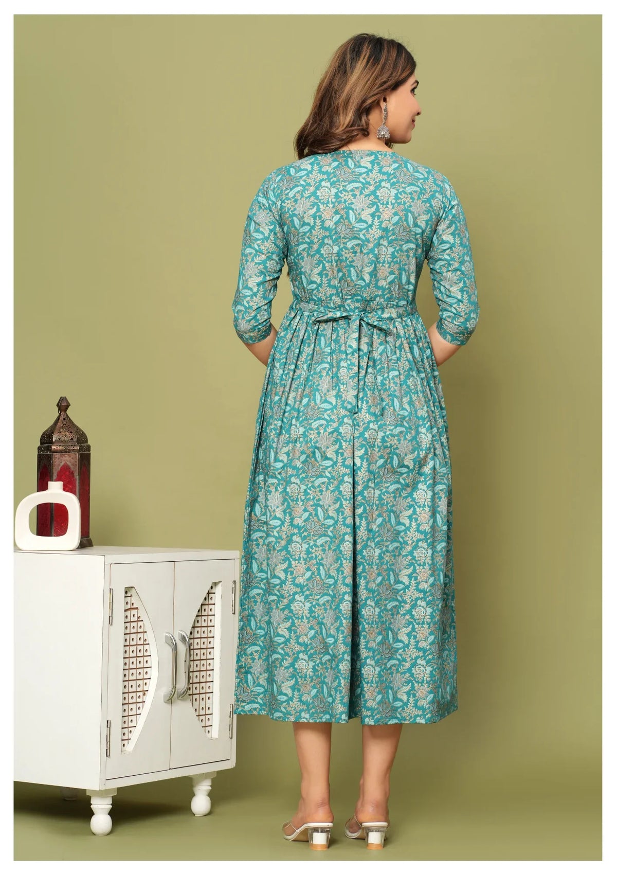 Teal Floral Printed Anarkali Dress with 3/4 Sleeves