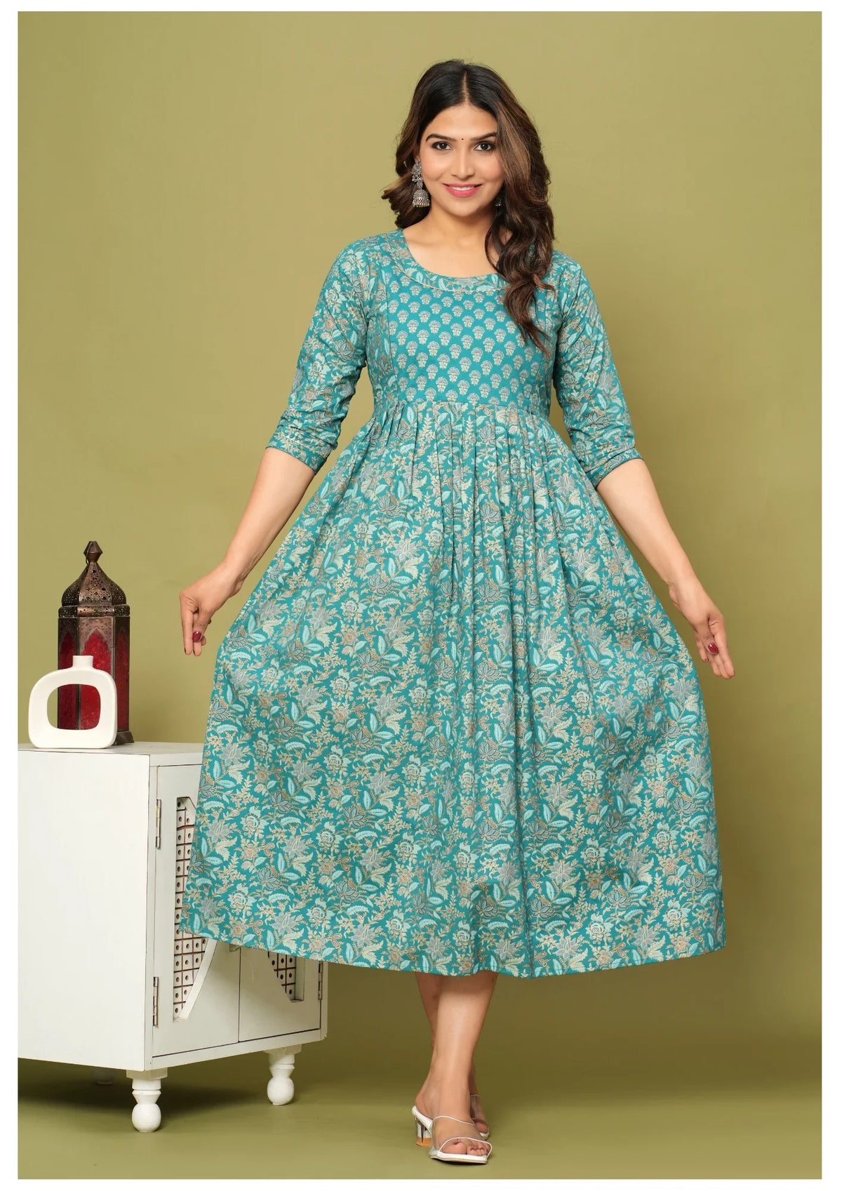Teal Floral Printed Anarkali Dress with 3/4 Sleeves