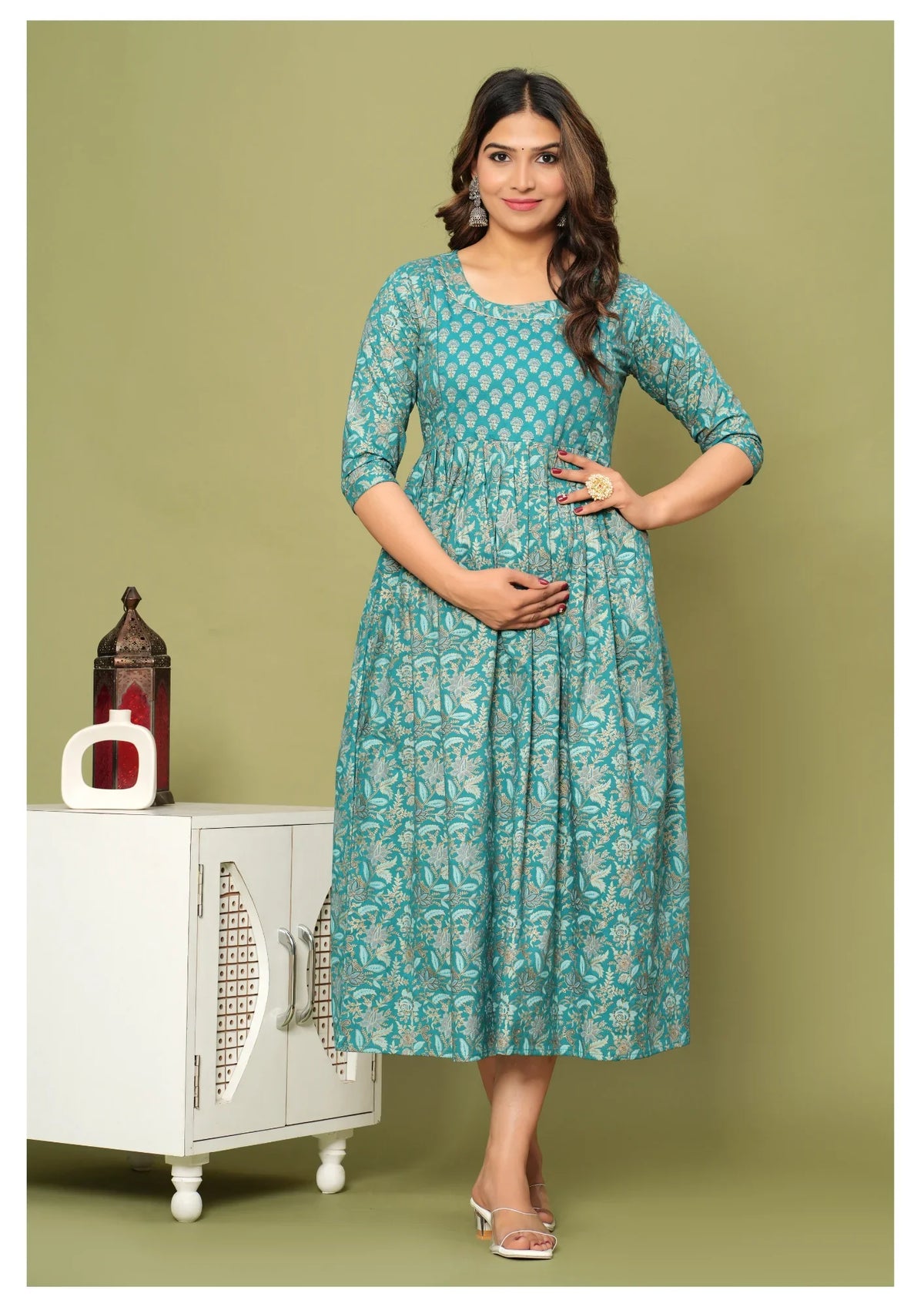 Teal Floral Printed Anarkali Dress with 3/4 Sleeves