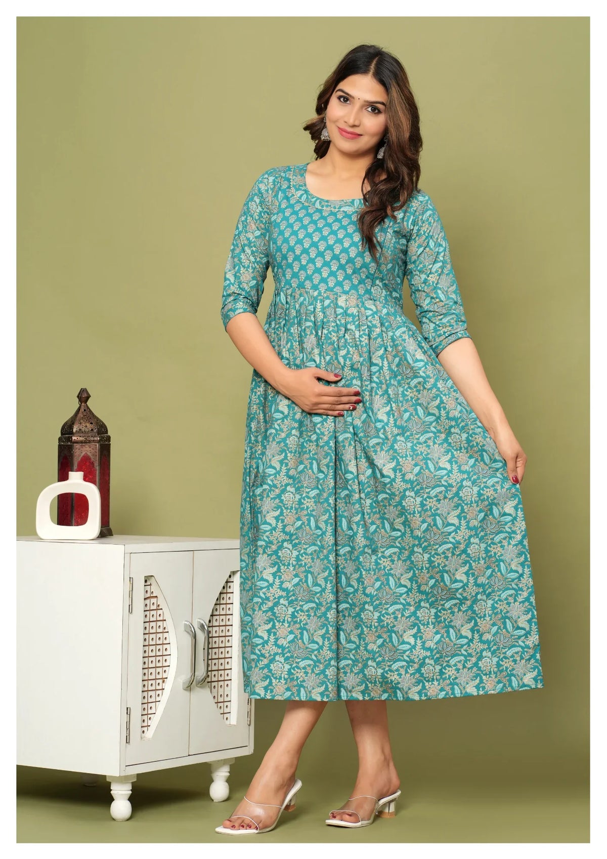 Teal Floral Printed Anarkali Dress with 3/4 Sleeves