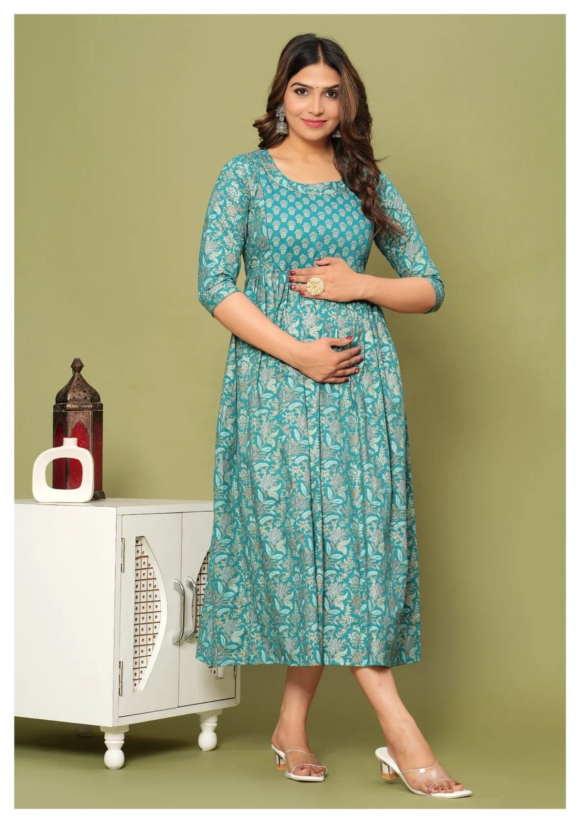 Teal Floral Printed Anarkali Dress with 3/4 Sleeves